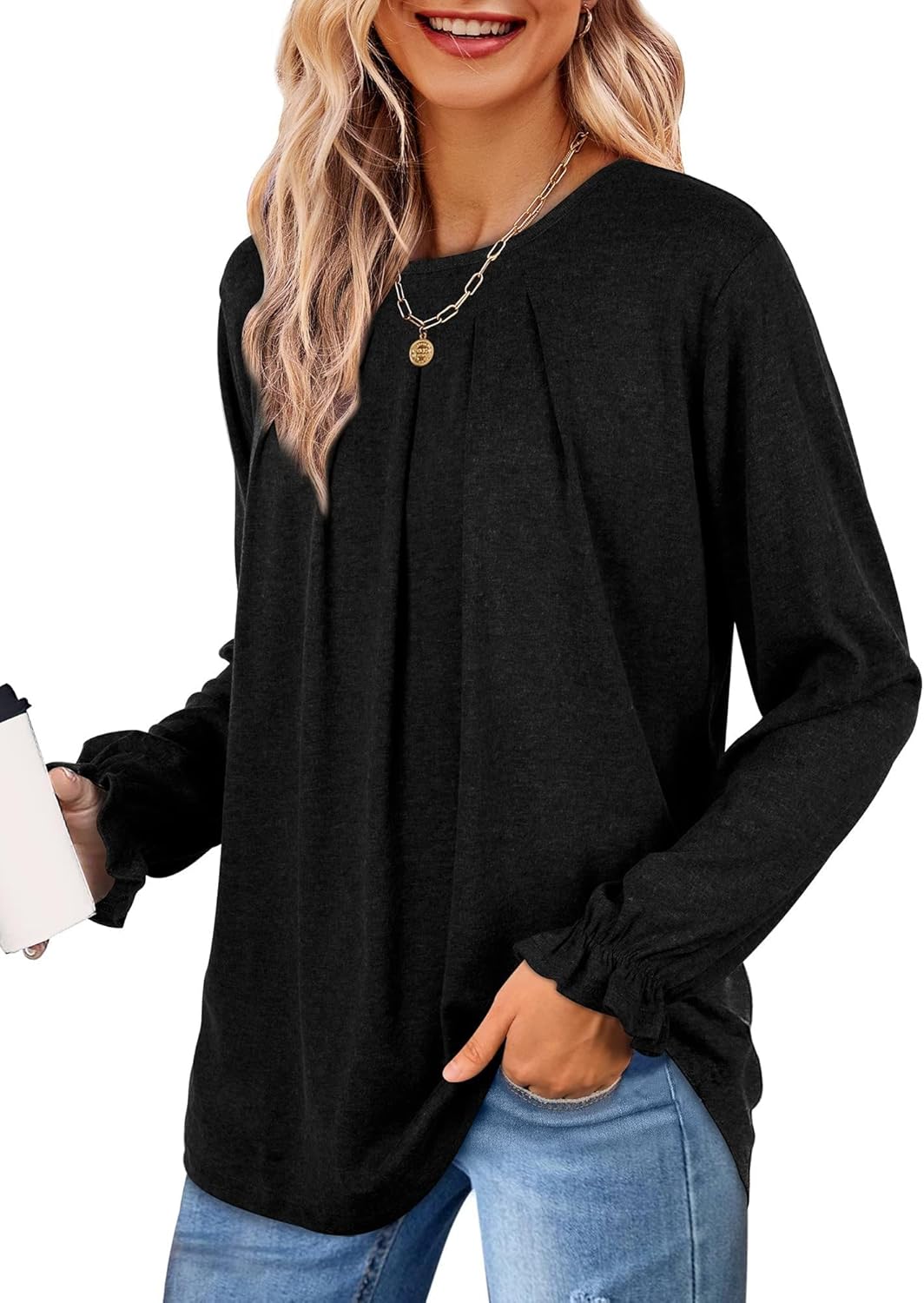 LCXWFE Womens Tops Dressy Casual Summer Shirts Crew Neck Pleated Ruffle Sleeve Tops for Women Black X-Large