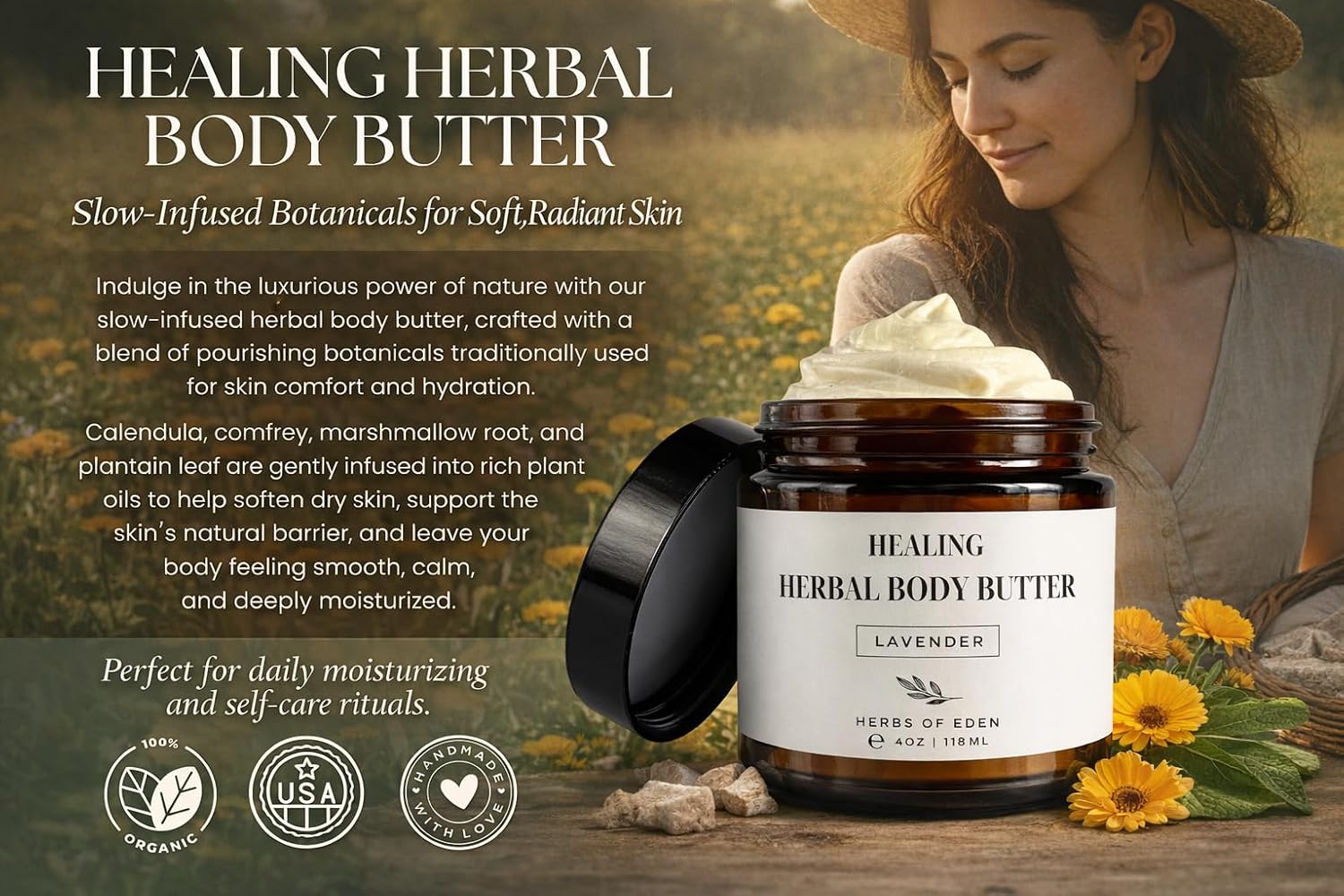 Herbs of Eden | Healing Herbal Body Butter | Pure Organic Calendual Comfrey Plantain with Castor Jojoba Rosehip Oil All Natural Soothing Whipped Body Moisturizer (Unscented)