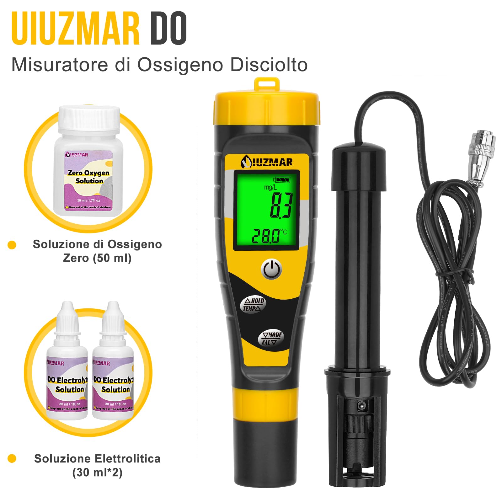 UIUZMAR Misuratore di Ossigeno Disciolto Digitale, con Elettrodo da 1,1 m | per Stagni, Acquari, Acquacoltura, Acquari con Intervallo 0,0-30,0 Mg/L