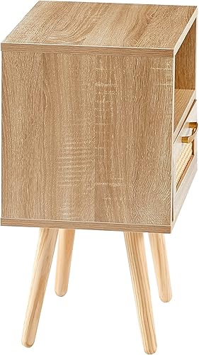 Miniatura 6 de Mesa auxiliar de ratán para sala de estar, mesas auxiliares de sofá con cajón y patas de madera maciza, mesita de noche moderna, natural