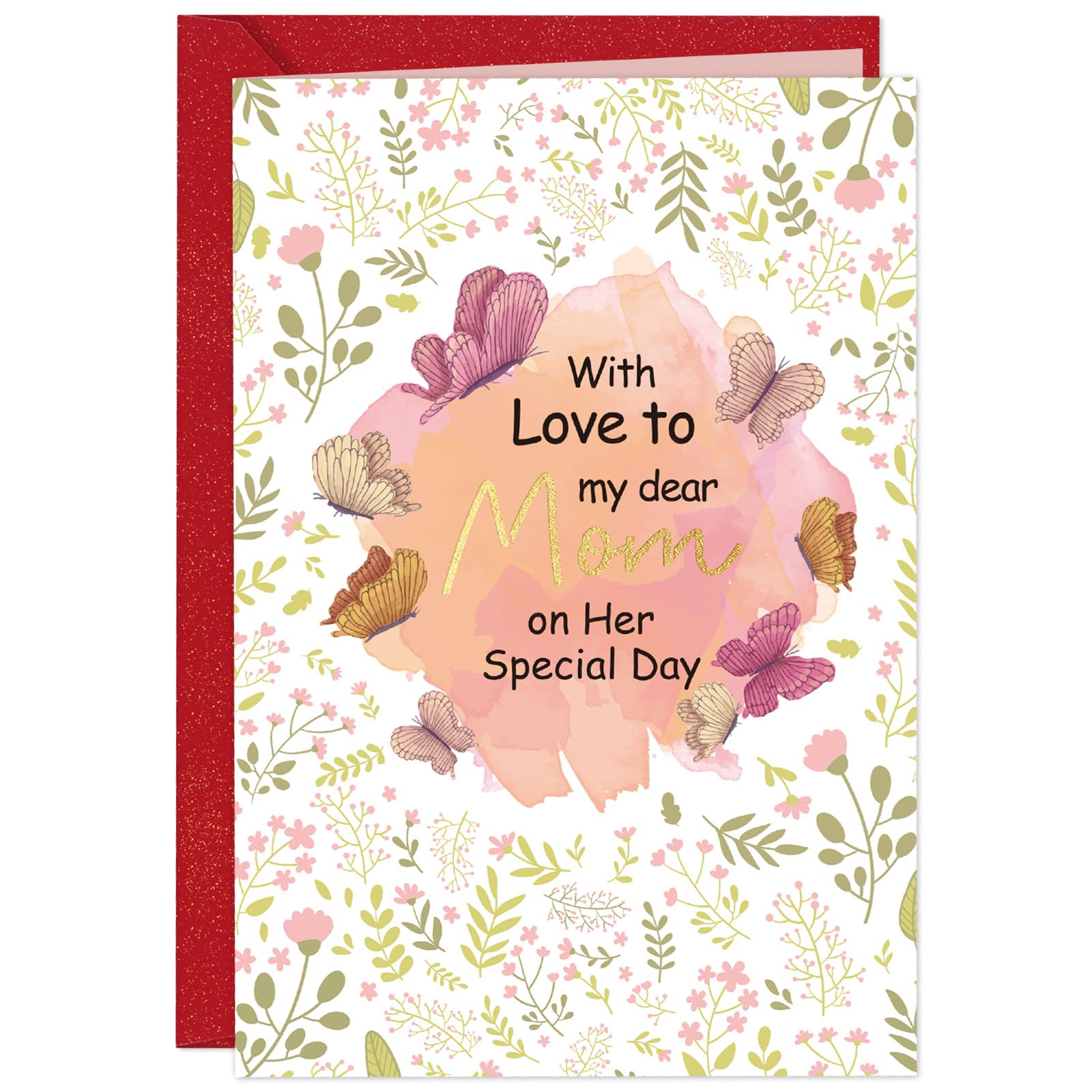 FaCraft Birthday Card for Mom - Beautiful Gold Foil Happy Birthday Mom Card from Son or Daughter - Large Handmade Mother Birthday Card with Red Envelope for Her Special Day