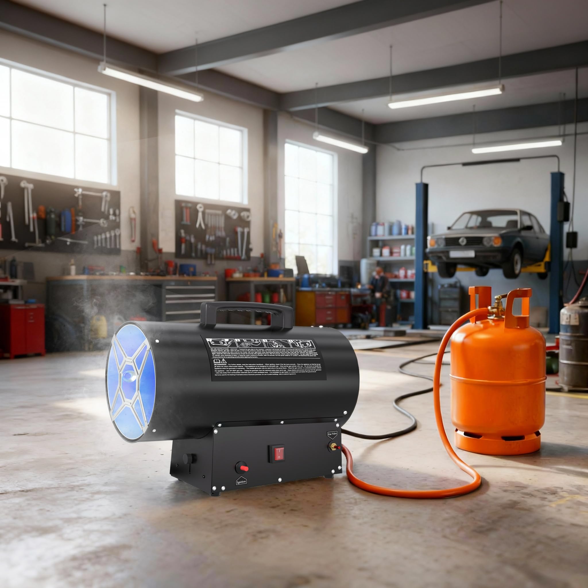 30kW Gasheizgebläse Stahl Heizkanone mit Gasschlauch, 700mbar Druckminderer & Griff, Überhitzungsschutz Gasheizung Luftstrom 650m³/h Industrie Piezozündung Gaskanone für 450m² Outdoor Terrassen