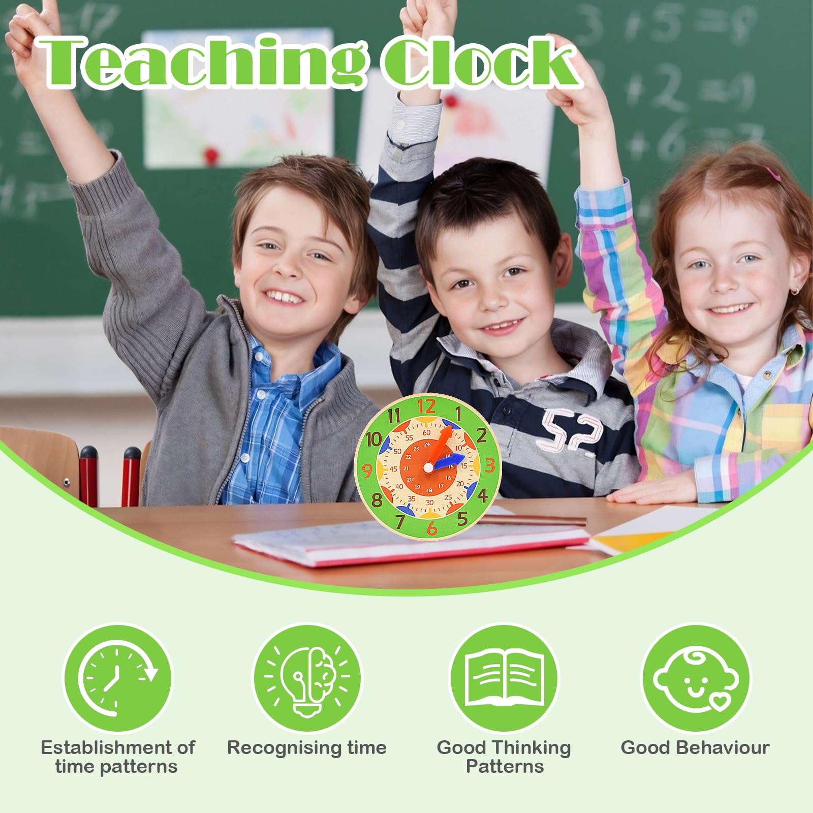 Kikuo 14CM Wooden Learning Clock, Colorful Teaching Clock with Hour and Minute Hands Education Toy - Image 4