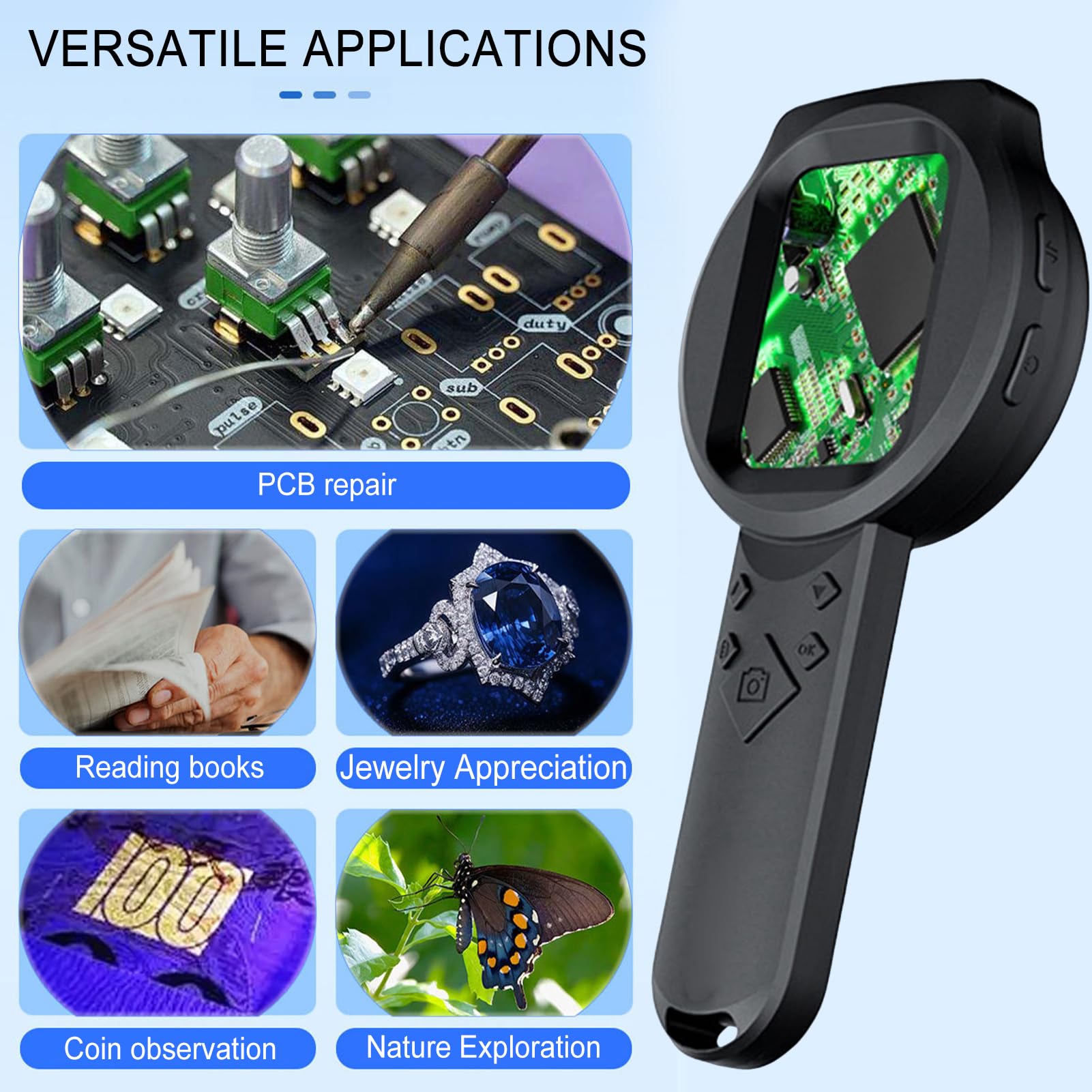 Microscopio Digital Portátil 1000X con Pantalla IPS HD 2.8 Pulgadas, Lupa de Mano con 15 Luces LED y 12 Idiomas, para Lectura, Inspección de Joyería y Exploración, Ampliación 1000x