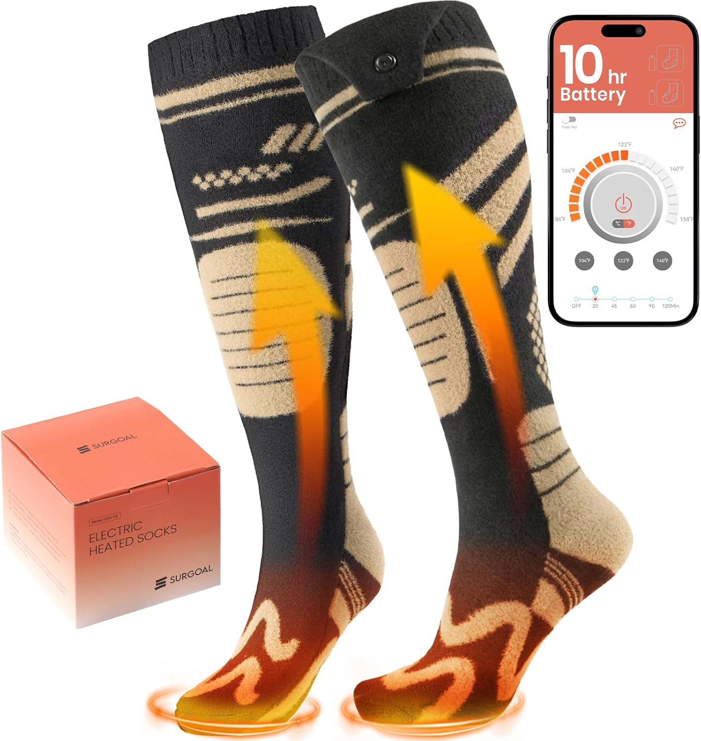 Merino Wool Heated Socks, 7.4V Rechargeable Battery Up to 10-Hour, APP-Controlled Electric Ski Socks for Men Women, Snowboarding, Hunting, Camping