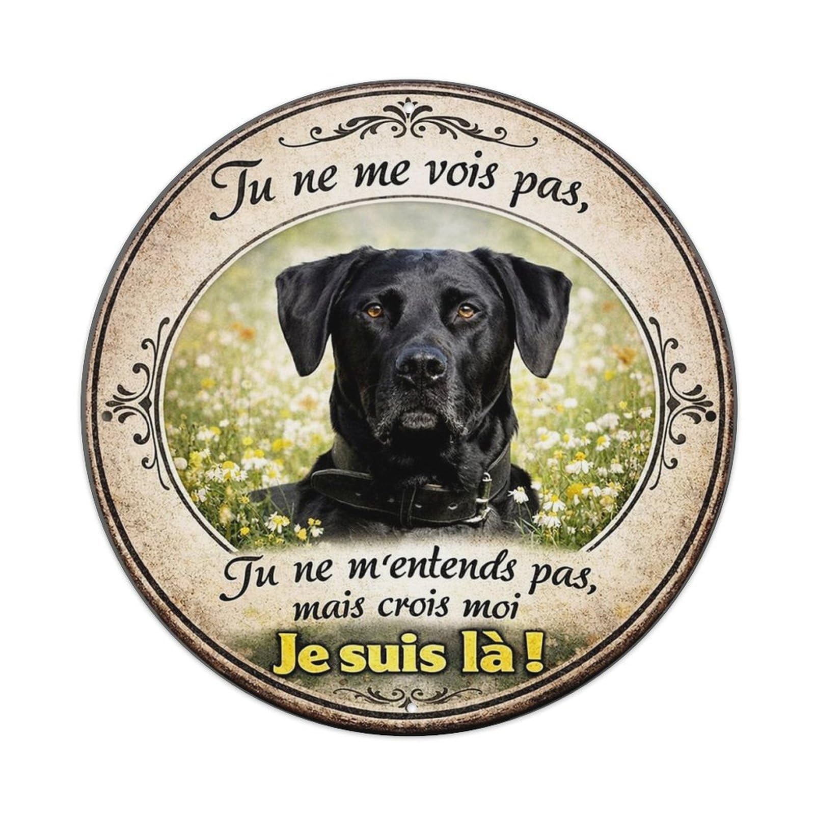 Black Dog In Field With Flowers Vintage Round Tin Sign Retro Metal Wall Decor Metal Poster, Home Bar Garage Cafe Wall Art Decoration 8x8Inches