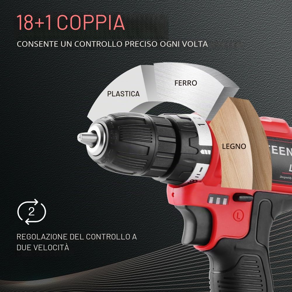 TEENO Trapano avvitatore a batteria 21V, dotato di 2 batterie da 1,5Ah, coppia di 35Nm, regolazione 18+1 livelli, 2 velocità, luce LED, ideale per progetti di bricolage