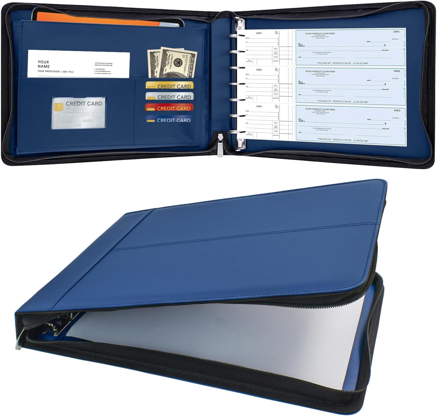 VANRA 7 Ring Business Checkbook Binder with Zipper, PU Leather Organizer for 3-On-A-Page Business Checks, 600 Checks Capacity Fits 9x13 Inch Sheets, Check Book Binder for Personal Finances (Blue)