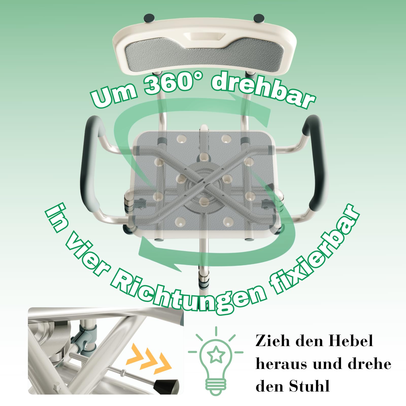 RMAN Silla de Ducha Giratoria 360° con Apoyabrazos para Personas Mayores | Almohadilla EVA, Conteras Antideslizantes, Con Apoyabrazos, Carga 300 kg, Para Mujeres Embarazadas y Movilidad Reducida, Gris