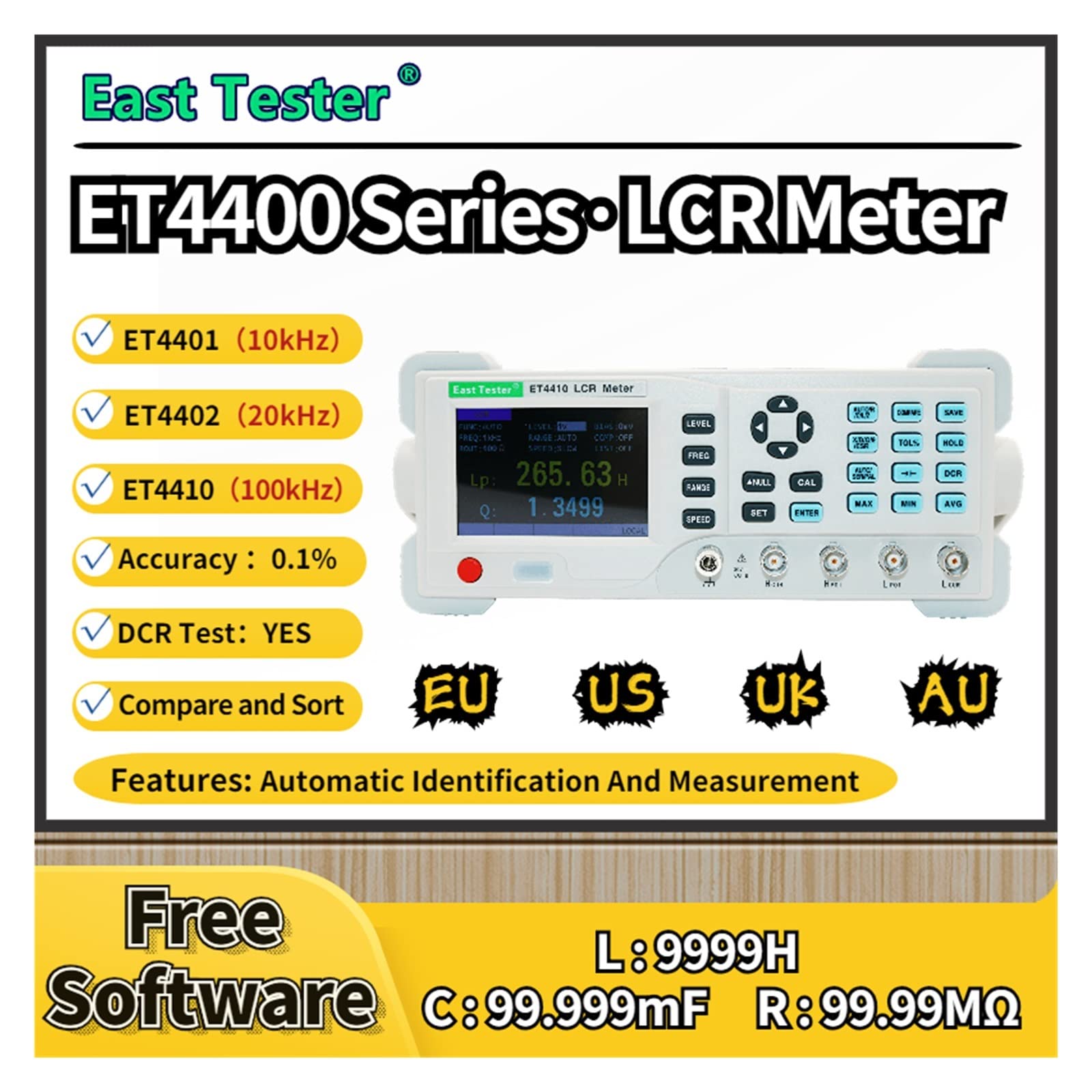 Misuratore LCR, Misuratore di induttanza resistenza capacità del misuratore LCR da banco digitale serie ET44 Precisione ponte 0,1% 100hz~10KHZ(ET4402)