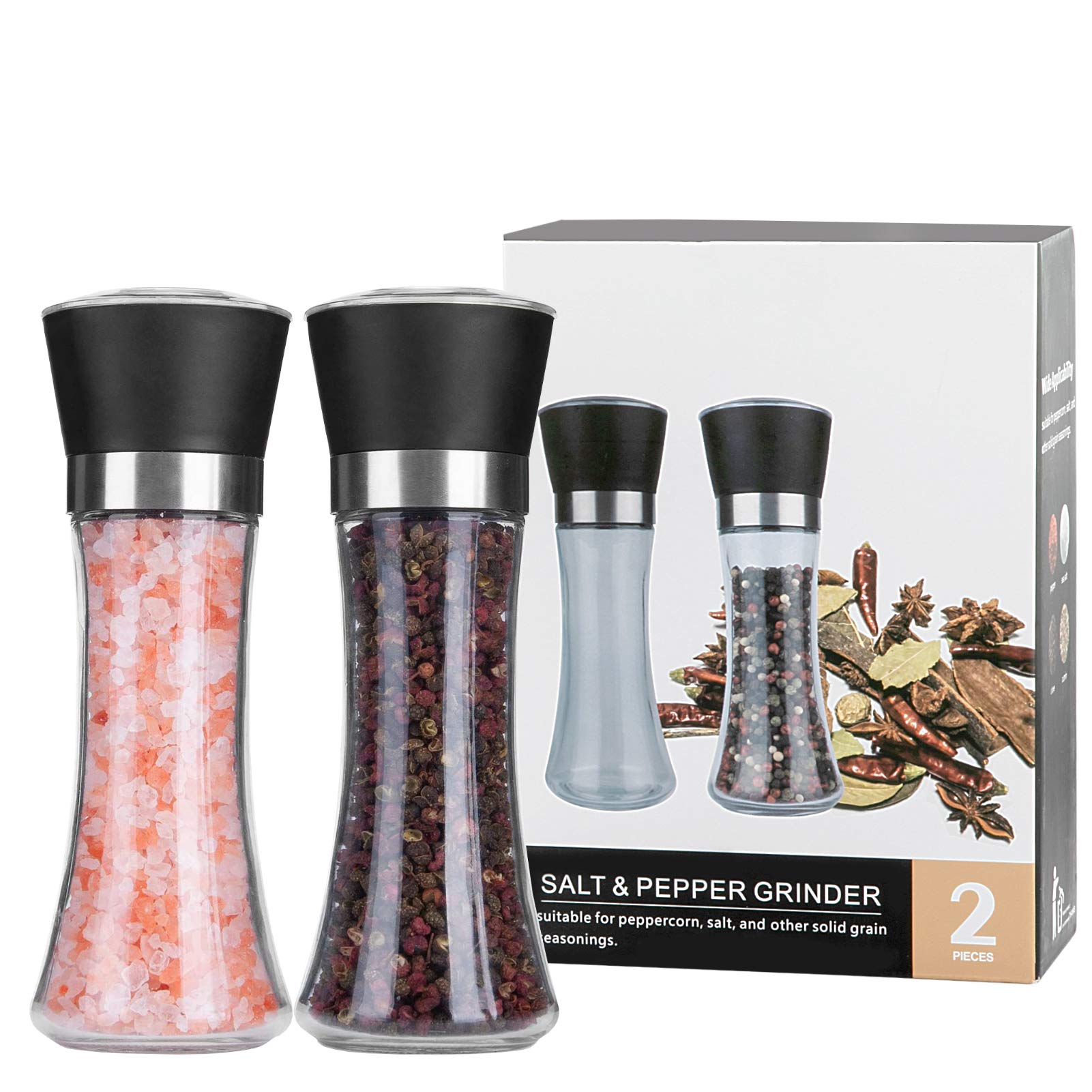 LUOWAN Adjustable High Capacity Glass Body Premium Pepper and Salt Grinder, Set of 2 - Black