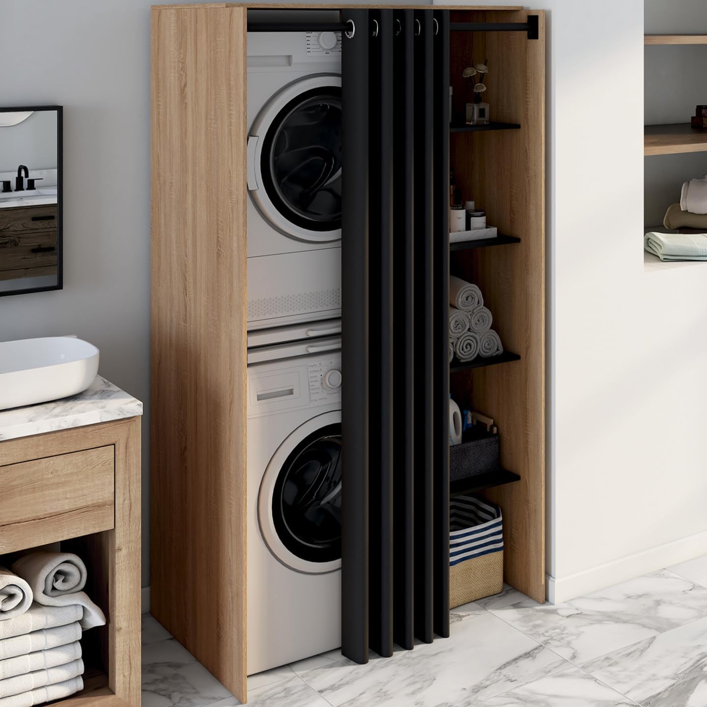 IDMarket - Meuble de buanderie Double Machine à Laver avec Rideau Coulissant Wallis Bois façon hêtre et Noir