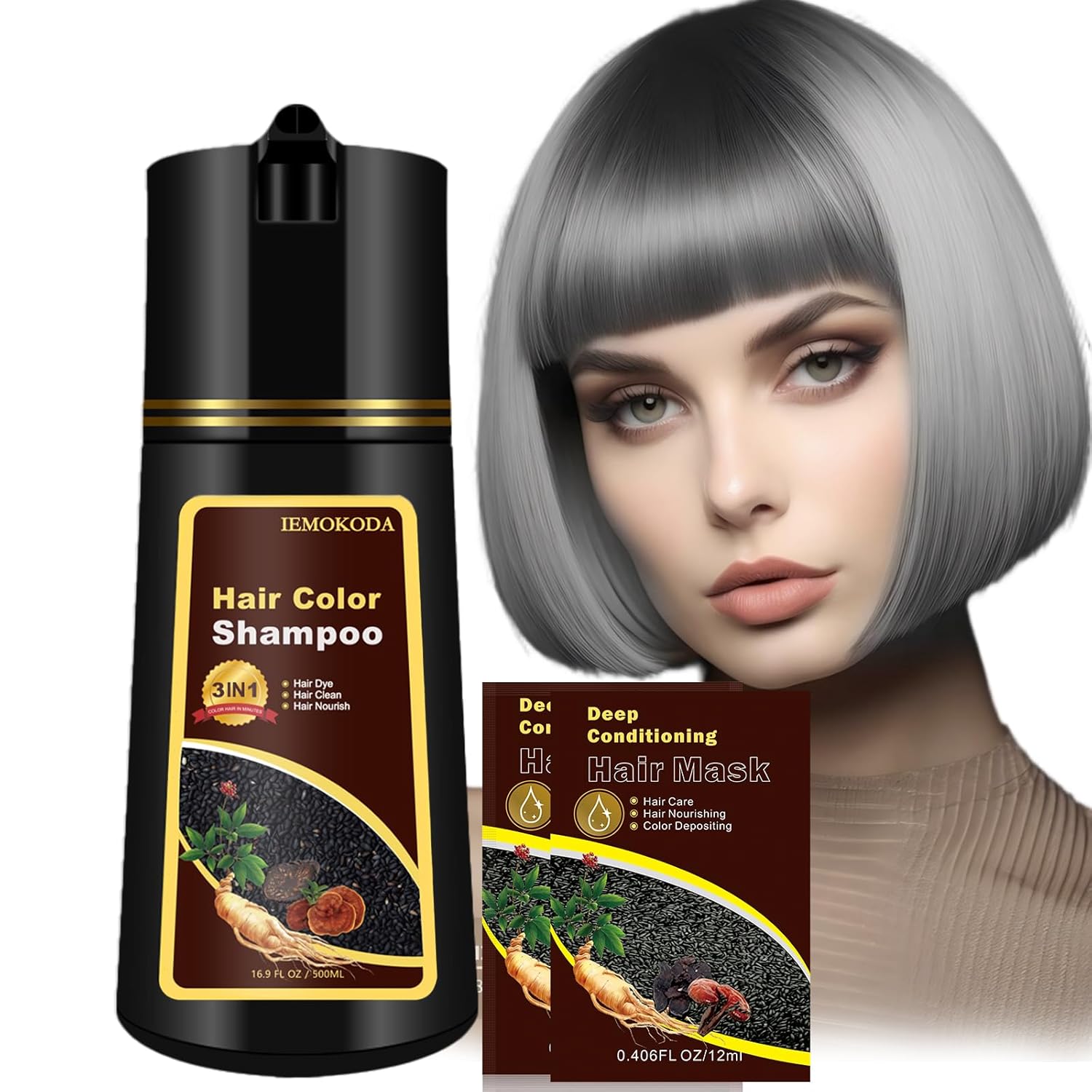 Silver Gray Hair Dye Shampoo for Women Men, Herbal 3-in-1 Hair Color Shampoo, Colors Hair in Minutes, Semi-Permanent Grey Hair Dye, Shampoo Para Pintar El Cabello, Easy to Use at Home - 16.90 Fl Oz