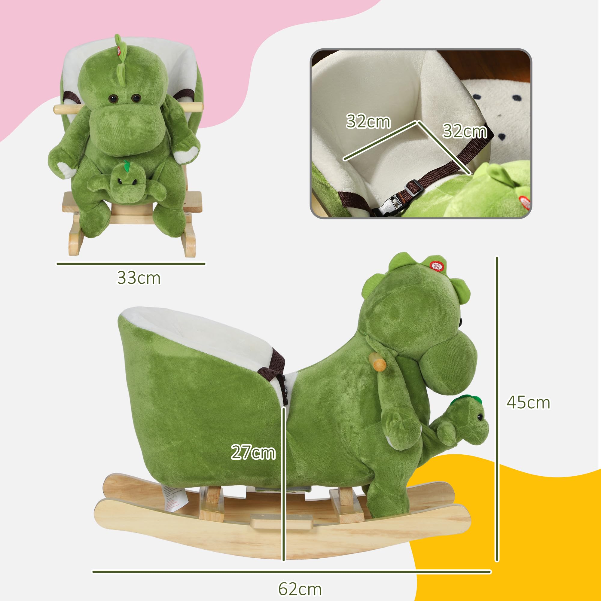 AIYAPLAY Cavallo a Dondolo per Bambini a Dinosauro con Marionetta, Cavallino Cavalcabile con Suoni e Rivestimento Morbido, Età 18-36 Mesi, Verde