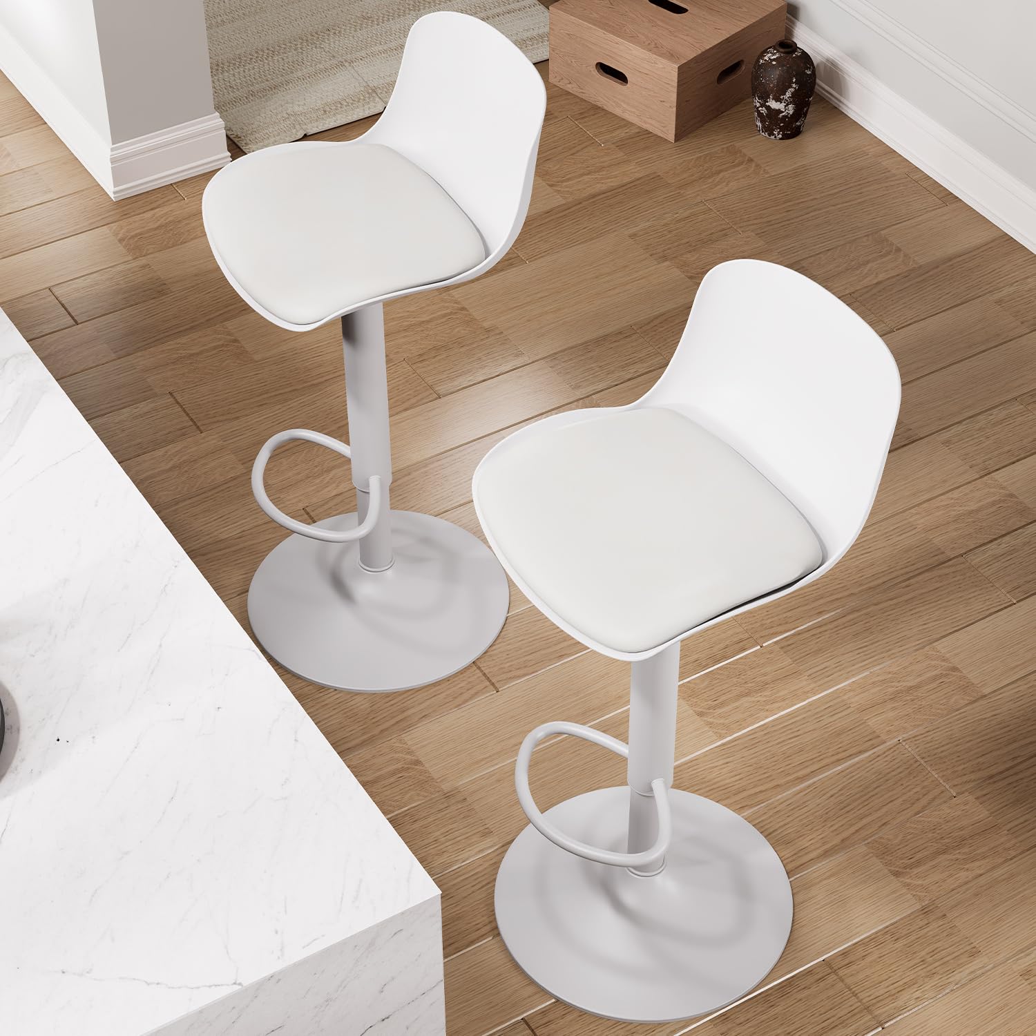 Kidol & Shellder Lot de 2 tabourets de Bar réglables en Hauteur et pivotants avec Dossier et Repose-Pieds – Chaises de Bar en PU Cuir rembourré, Style Moderne Industriel, Blanc, pour Cuisine