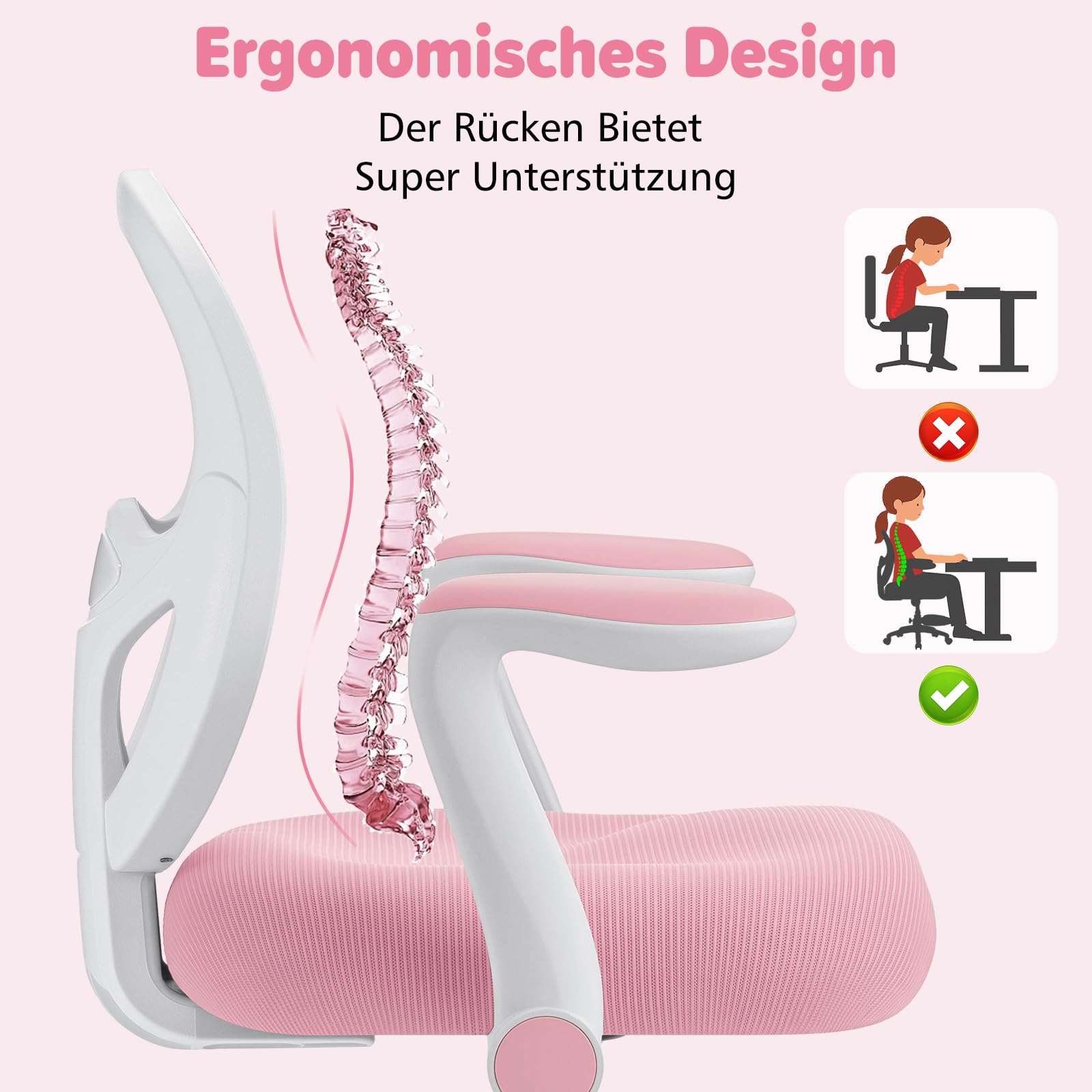 HOFFREE Kinder Schreibtischstuhl Ergonomischer Lernstuhl mit Klappbarer Armlehne Fußstütze Drehbar Rosa