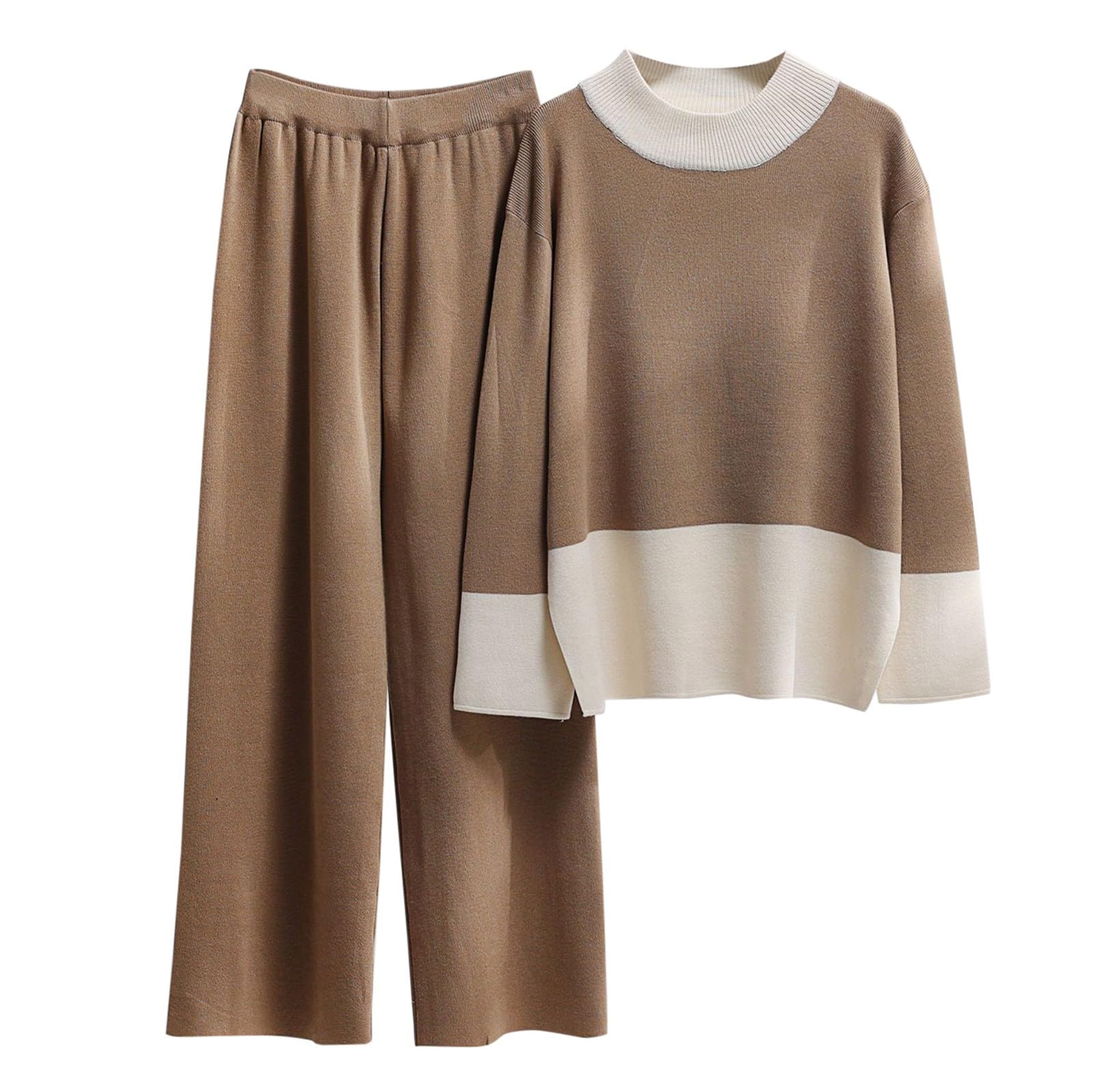 Femme 2 Pcs Pull Ensemble Tricoté Hiver Sweater Top en Maille Sweatshirt Chaud Chandail Sport Pantalon Jambe Large Hiver Ensemble Sportswear D'Intérieur Tenue Sport 2 Piece
