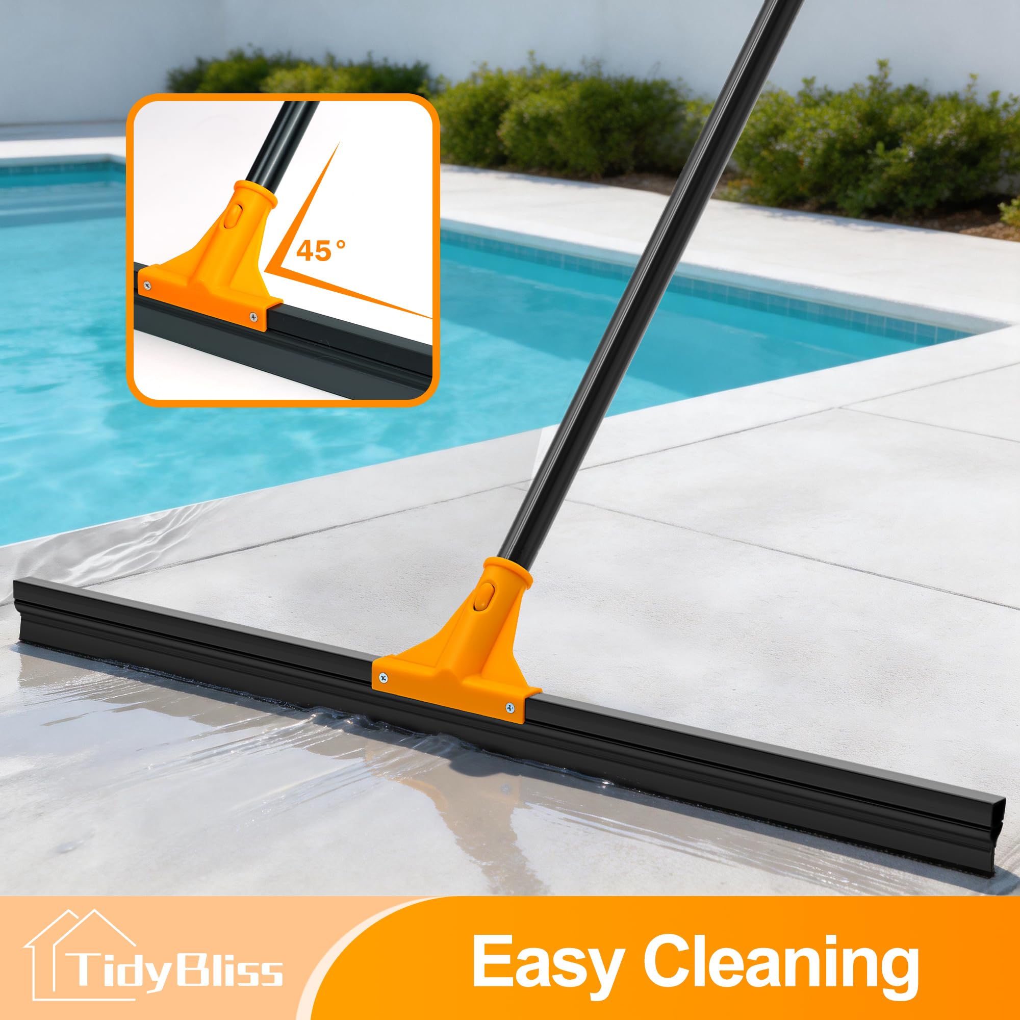 TidyBliss 76 cm Escoba de Goma para Suelo con Mango Adjustable 148 cm, Escobilla Caucho para Limpiar Ducha Azulejo Hormigón Baño Mármol Cristal Garaje Tienda Cubierta Ventana Patio Jardín (Naranja)