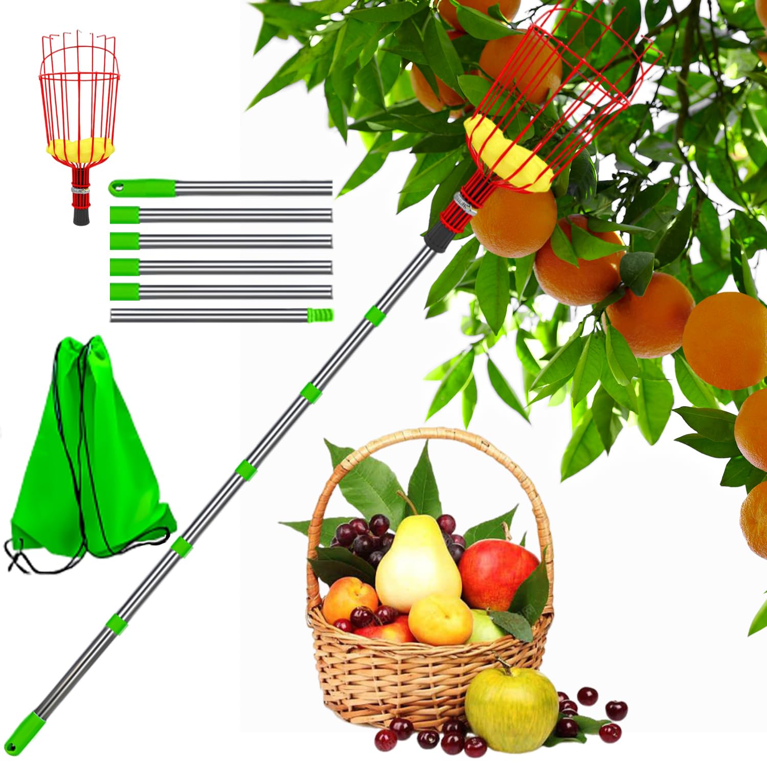 Obstpflücker Mit Teleskopstiel 160cm - Edelstahl Pflückhilfe Mit Baumwollbeutel