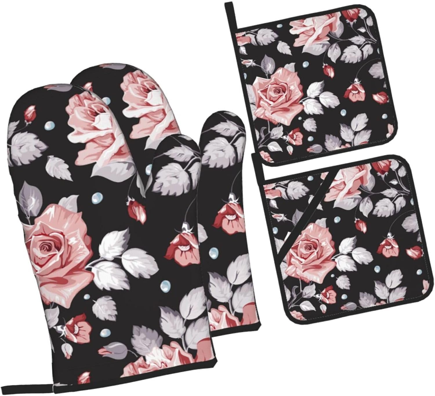 Red flower (2) Kitchen baking four piece set, fit for cooking and baking, oven, microwave, and outdoor barbecue