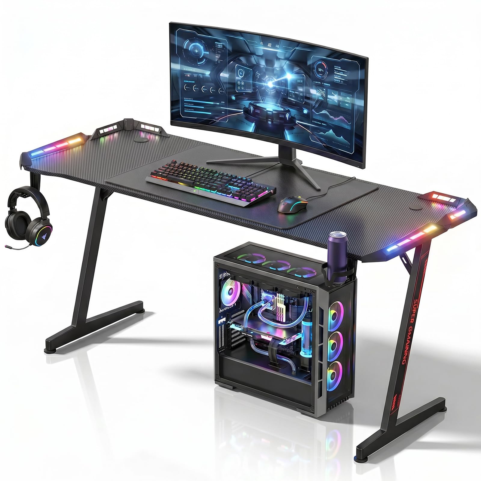 Verdego Gaming Tisch mit LED Beleuchtung, Gaming Schreibtisch 160x60CM | Computertisch Ergonomisch mit Getränkehalter, Kopfhörerhalter, Kohlefaseroberfläche, PC Tisch für Streaming, Schwarz