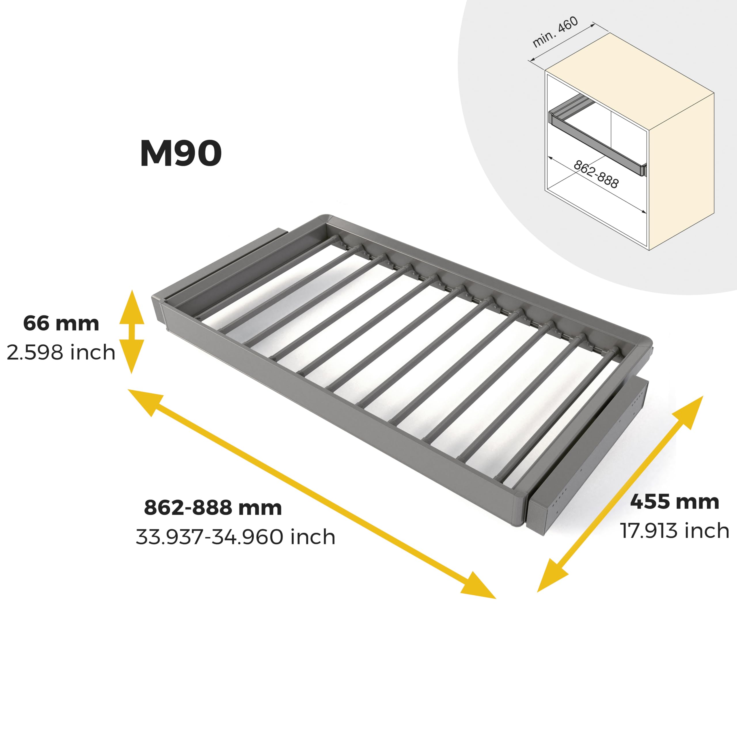 Emuca - Kit de porte-pantalon à 7tringles et rack ajustable Quartz pour armoires, glissières extension totale et à fermeture douce, Module 90cm, Finition Titane