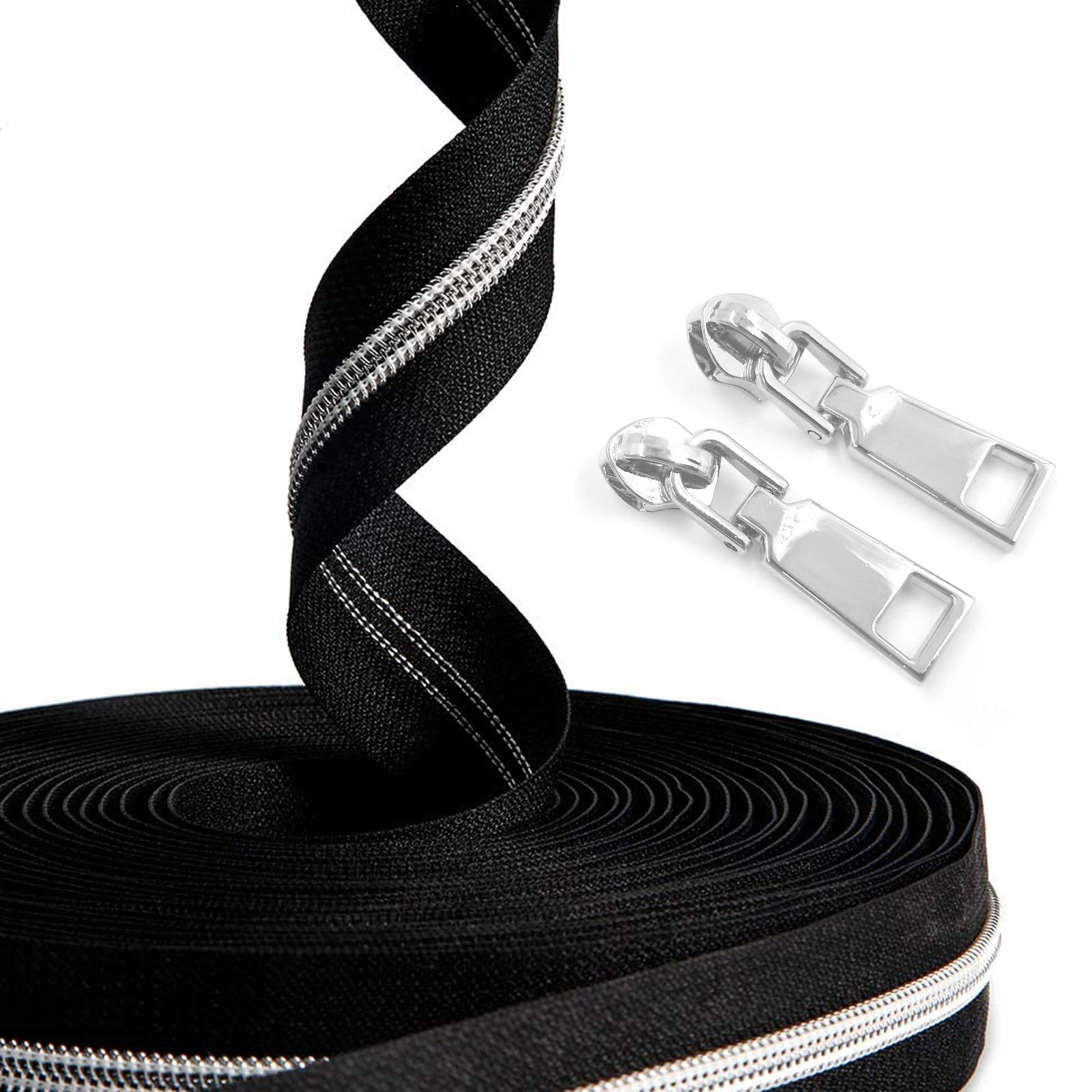 SBest Nylon Zipper #5 10 Yards by the Yard Bulk with 20PCS Long Sliders for Tailor Sewing Crafts (Silver Teeth, Black Tape)