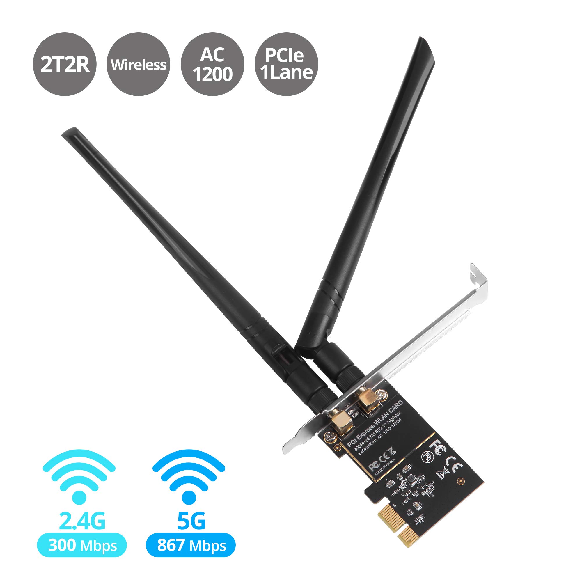 SIIG Carte PCIe sans fil 2T2R double bande WiFi Ethernet PCIe – AC1200, carte réseau WiFi, PCIe 2.0 x1 vers 2T2R 2.4G/5G double bande sans fil, 802.11ac, RTL8812AE, pour Windows 10/8.1/7, LB-WR0011-S1