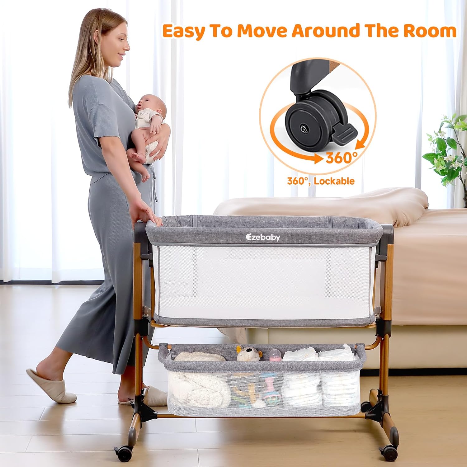 Ezebaby 3-in-1 Baby Bassinet, Rocking Baby Bassinets Bedside Sleeper, Adjustable Portable Crib for Newborn Infant with Wheels Storage Basket and Mesh Sides - Image 6