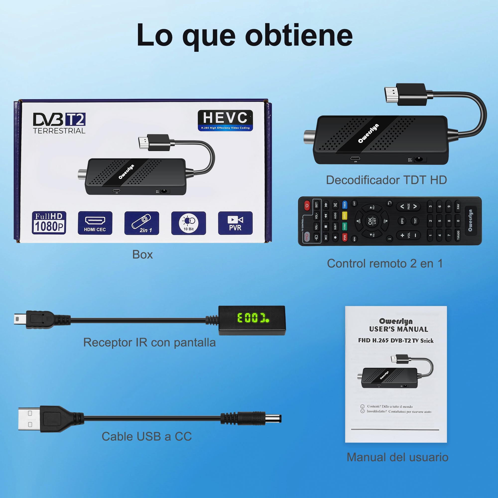 Decodificador TDT HD 2026 OWERSLYN, Receptor DVB-T2 TDT para TV Antigua, HDMI CEC, 1080P H.265 HEVC 10-bit, con Salida HDMI/AV, USB Mediaplayer, función PVR y Mando a Distancia IR 2 en 1