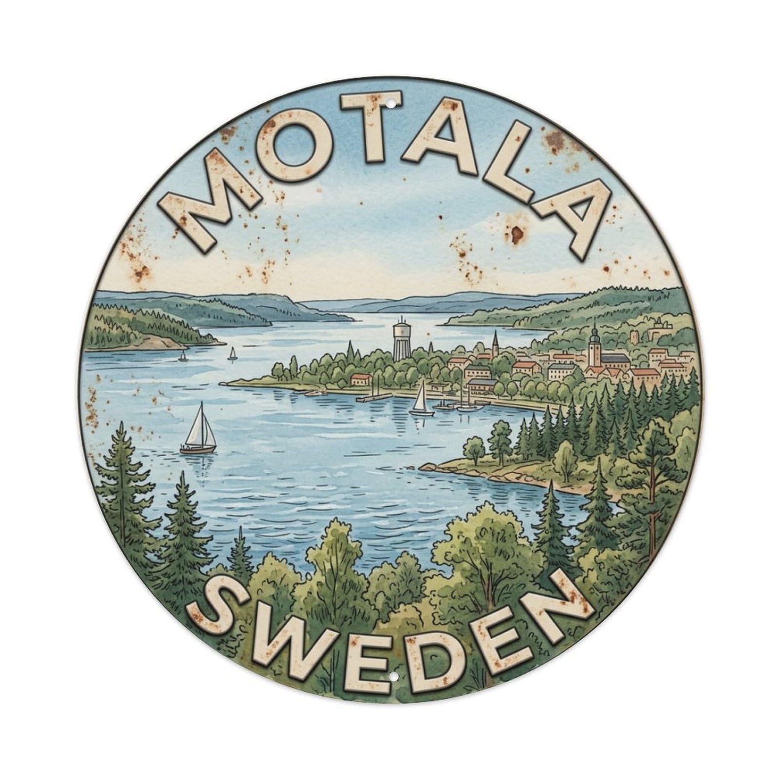 Vintage Travel Motala Sweden Lakeside Metal Tin Sign