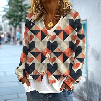 Womens V Neck Sweaters Trendy Heart Floral Print Loose Casual Button Down Knit Cardigans Oversized Comfy Long Sleeve Open Front Cropped Cardigan Jacket 2025 Fall Winter Stretch Sweater Coatwear,XL