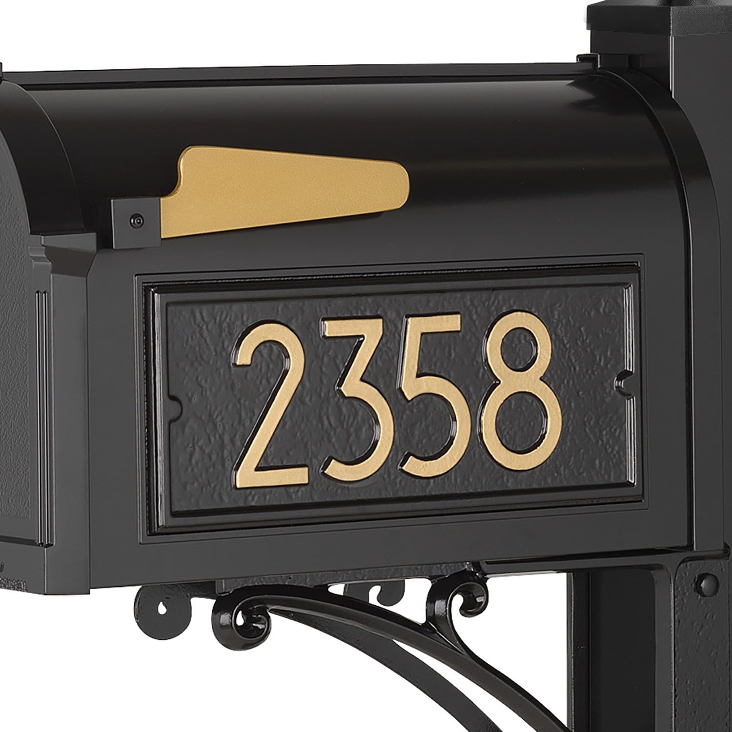Whitehall Custom Mailbox Address Plaque, Personalized House Number Sign with Modern Numbers for Balmoral or Capitol Mailboxes, 15 x 6.5 in, Black with Goldtone Numbers