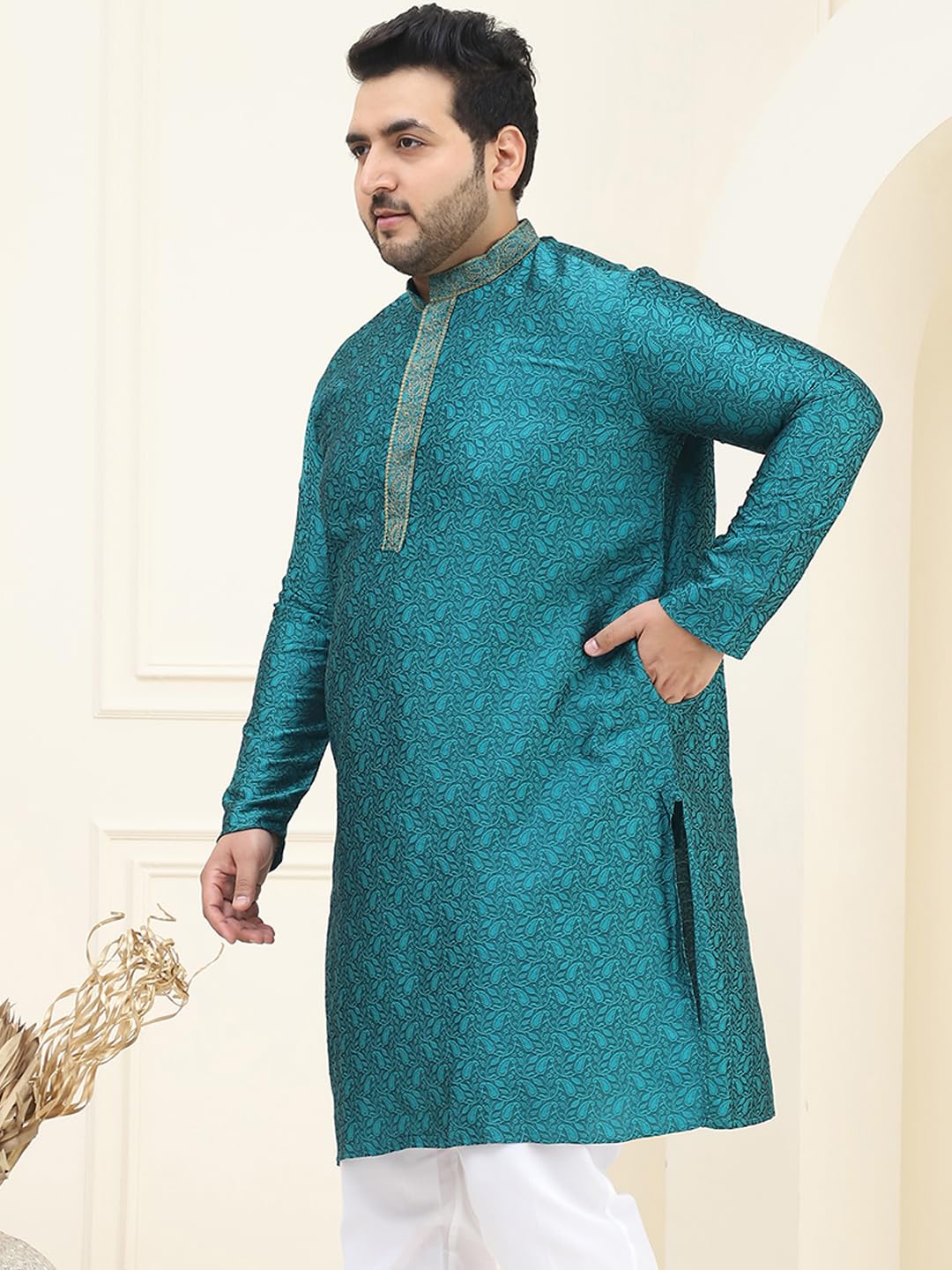 Sojanya Plus (Since 1958) Men's Silk Blend Teal Green Self Design Only Long Kurta