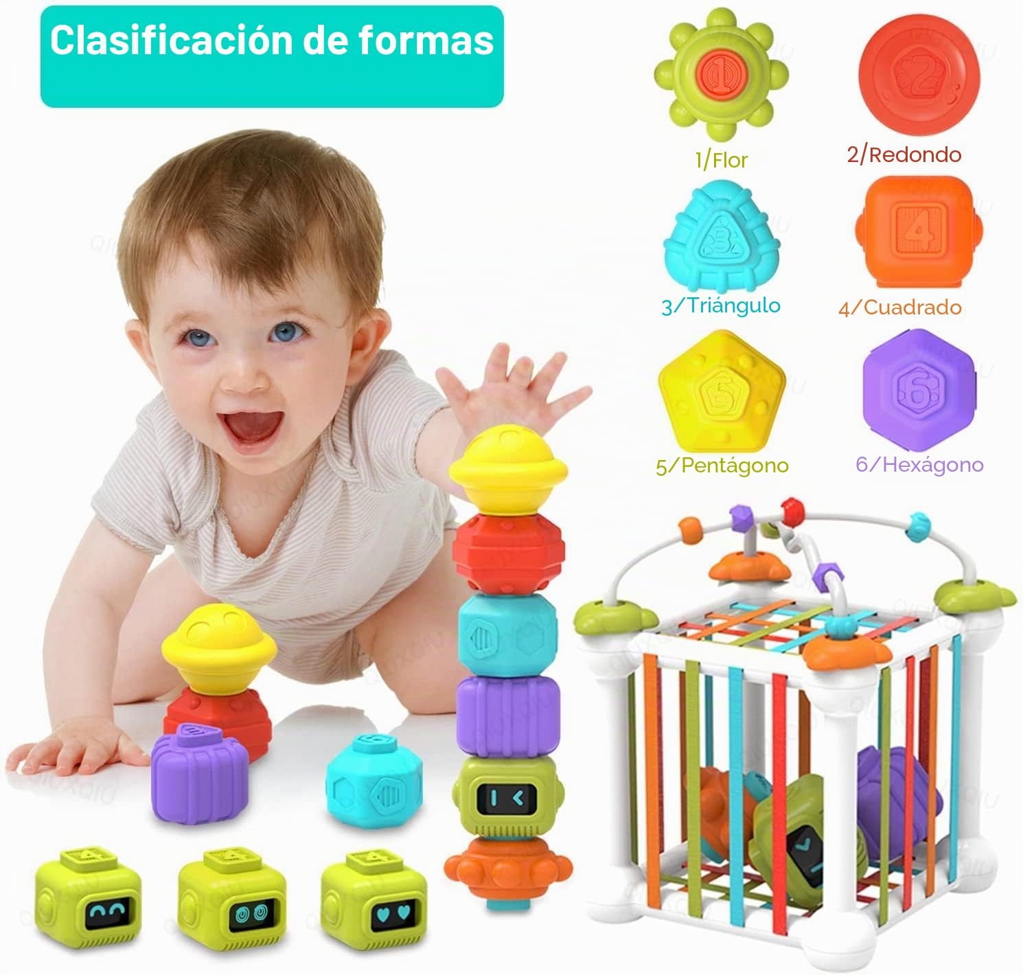 Montessori Juguetes para Bebés (12 Piezas), Cubos de Habilidades Motoras, Juegos Educativos Juguetes para Niños Juego de Clasificación de Formas, con 3 Trompos y 6 Formas Multisensoriales