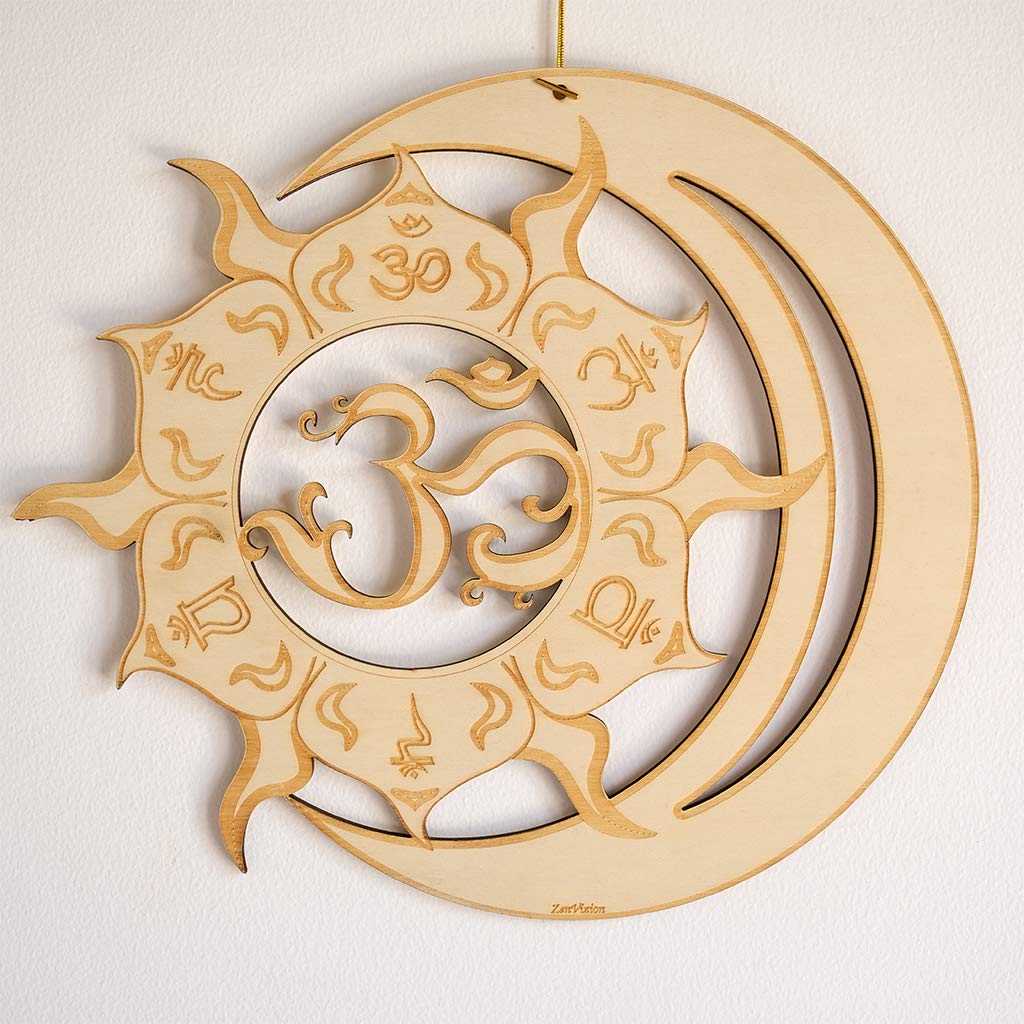 zenvizion 13.5" union sun moon wall decor, symbols 7 chakras decor, sacred geometry wall art yoga decor, om symbol wall decor, wooden art, meditation decor, spiritual decor