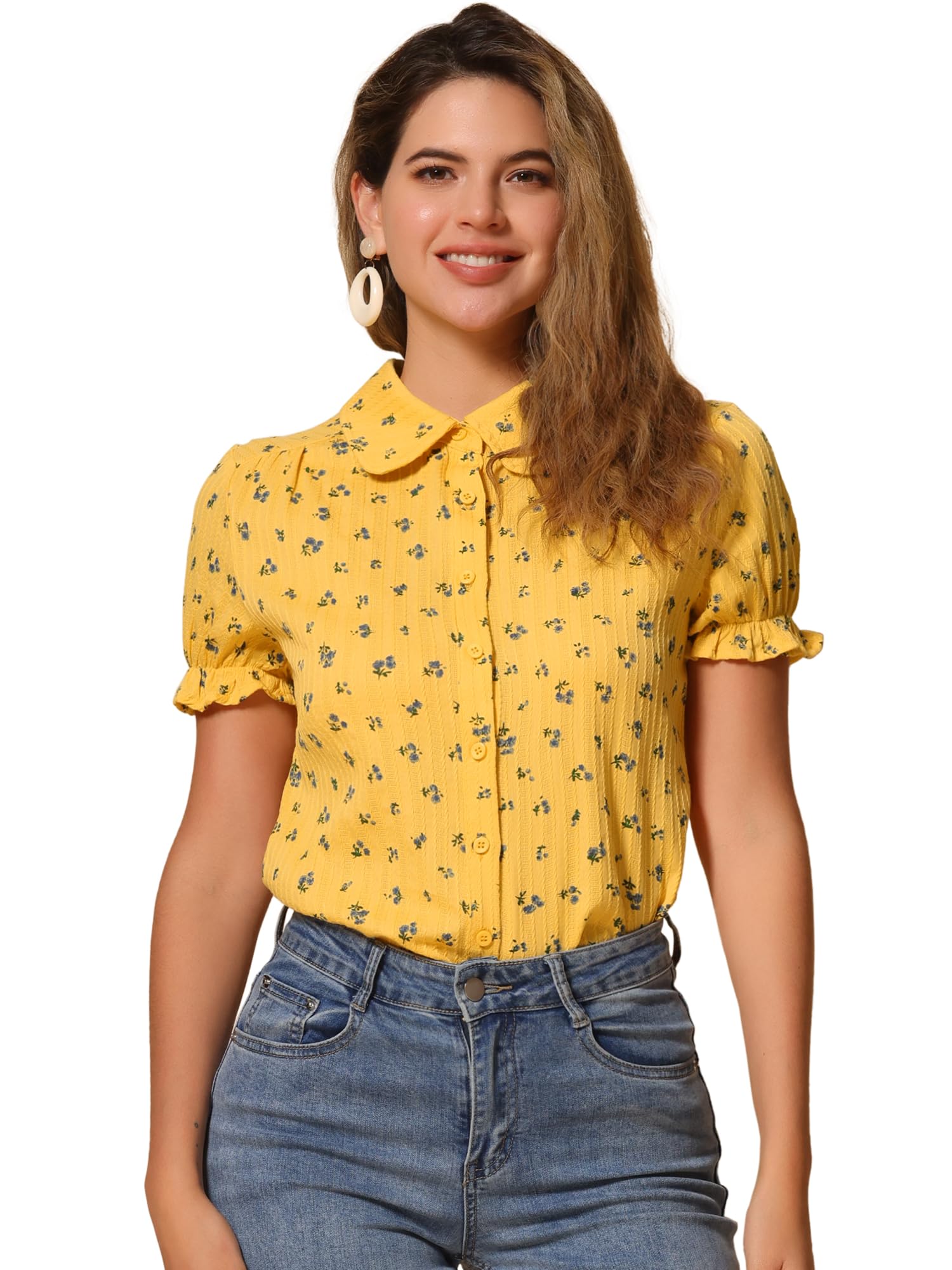 Allegra K Chemise à col Rabattu en Coton à Volants pour Femmes