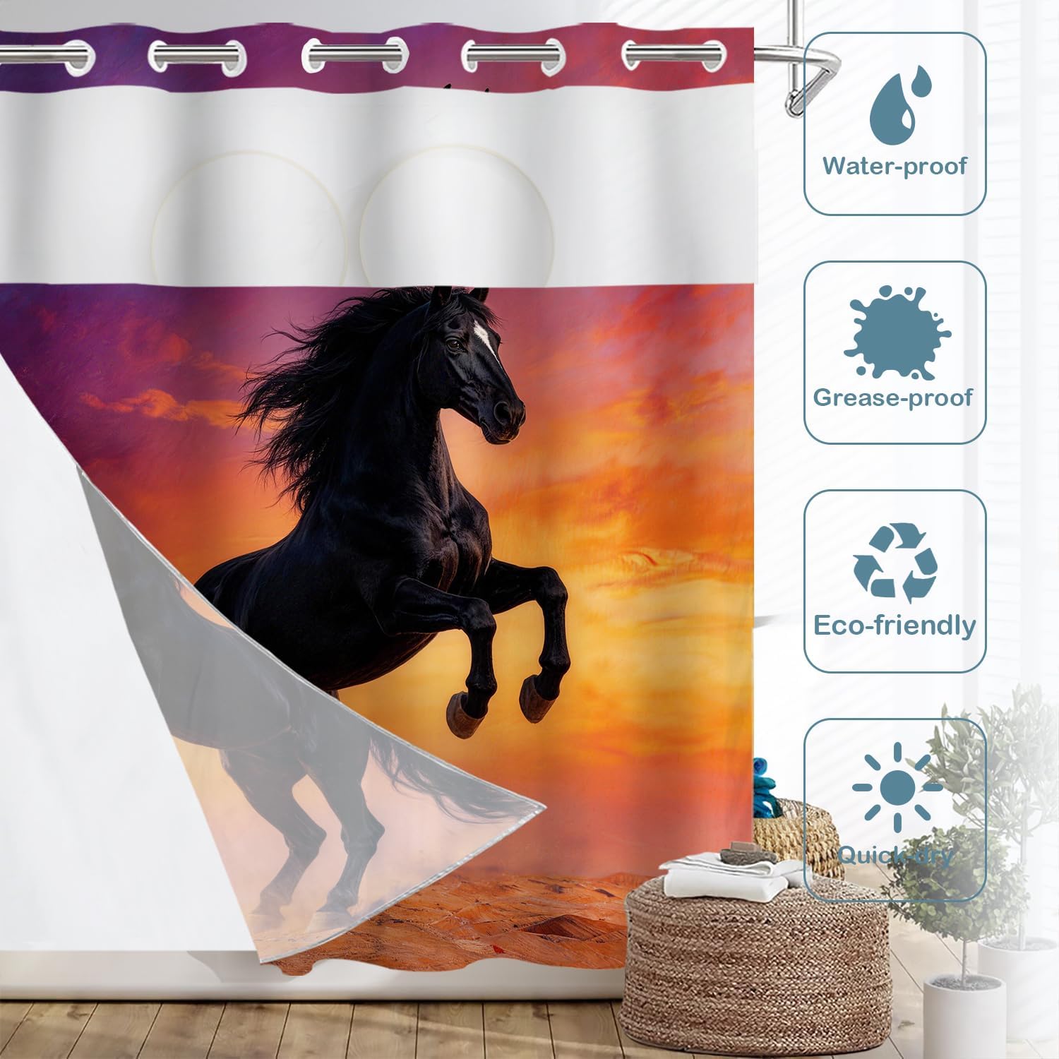 Batmerry Black Horse No Hooks Shower Curtain with Snap in Liner Set, Orange and Purple Sunset Bathroom Decor Polyester Quick-Drying Waterproof for Bathtubs, 71x86 in