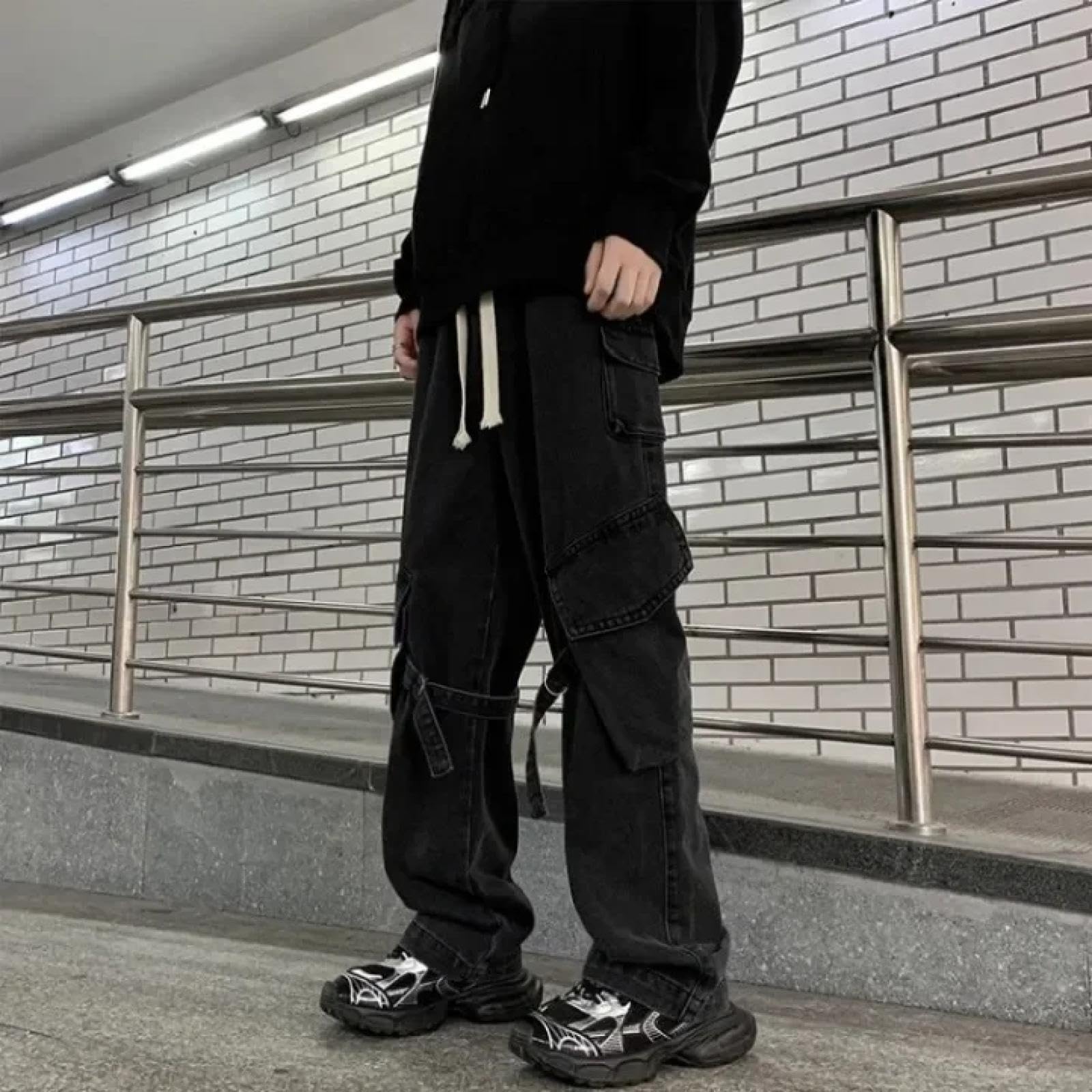 Jeans Pantalon Herren-Jeans Mit Mehreren Taschen Locker Gerade Weit Beine Lange Hosen Mit Weiten Belägen