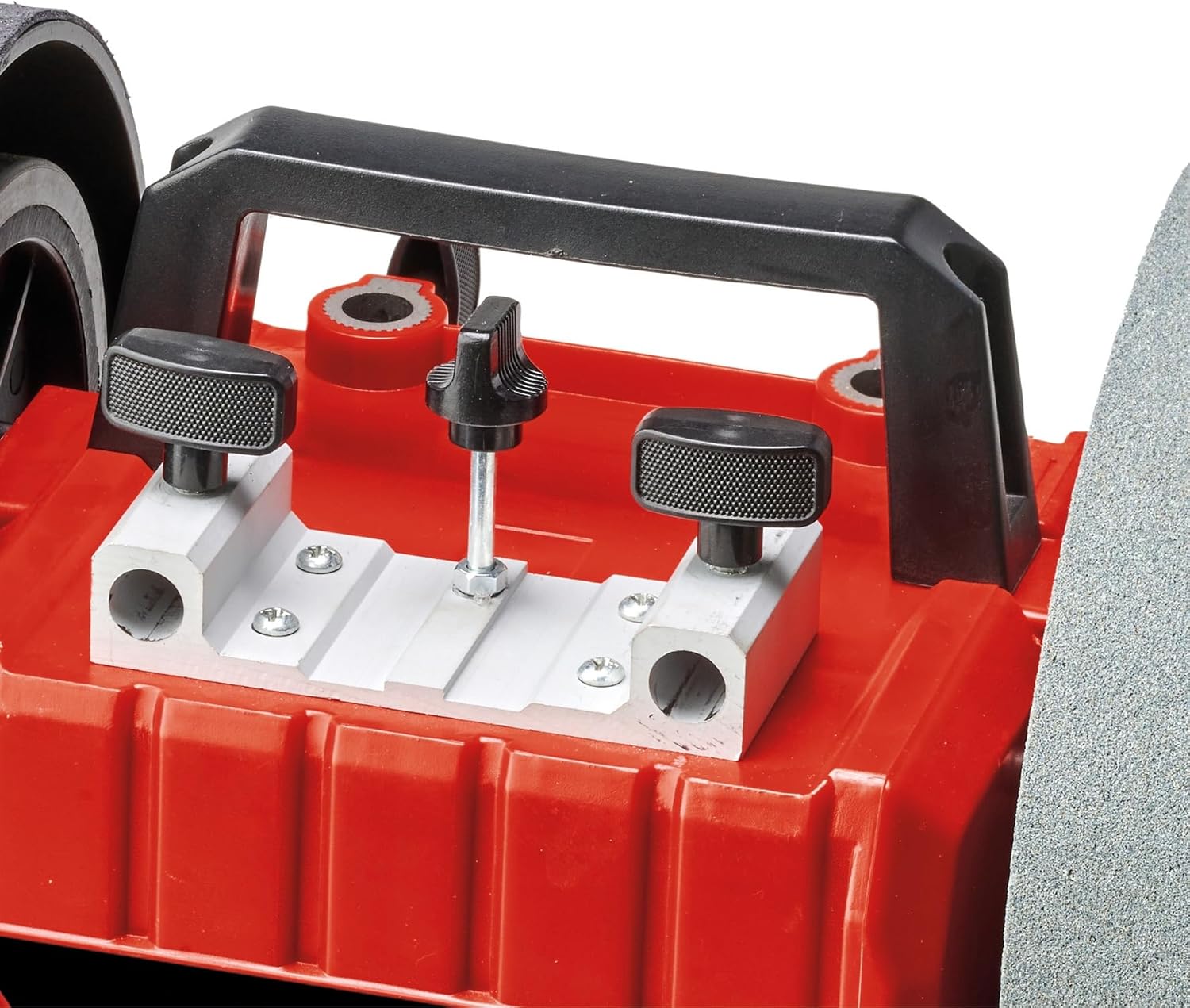 Close-up of the tool rest attachment point on the grinder