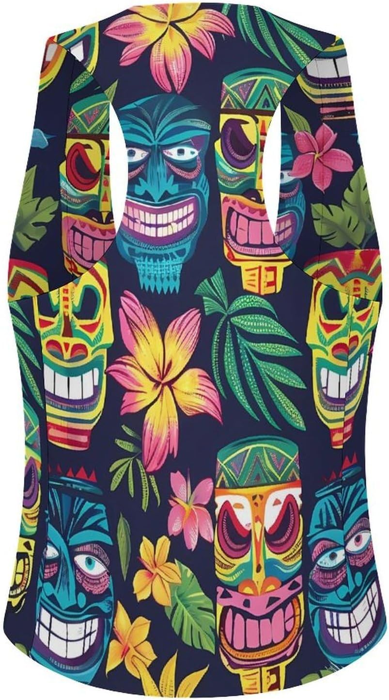 Hawaii Tiki Masks And Florals Women's Tuxedo Waistcoat Suit Vest | 3 Button V-Neck Slim Fit Casual Sleeveless Top