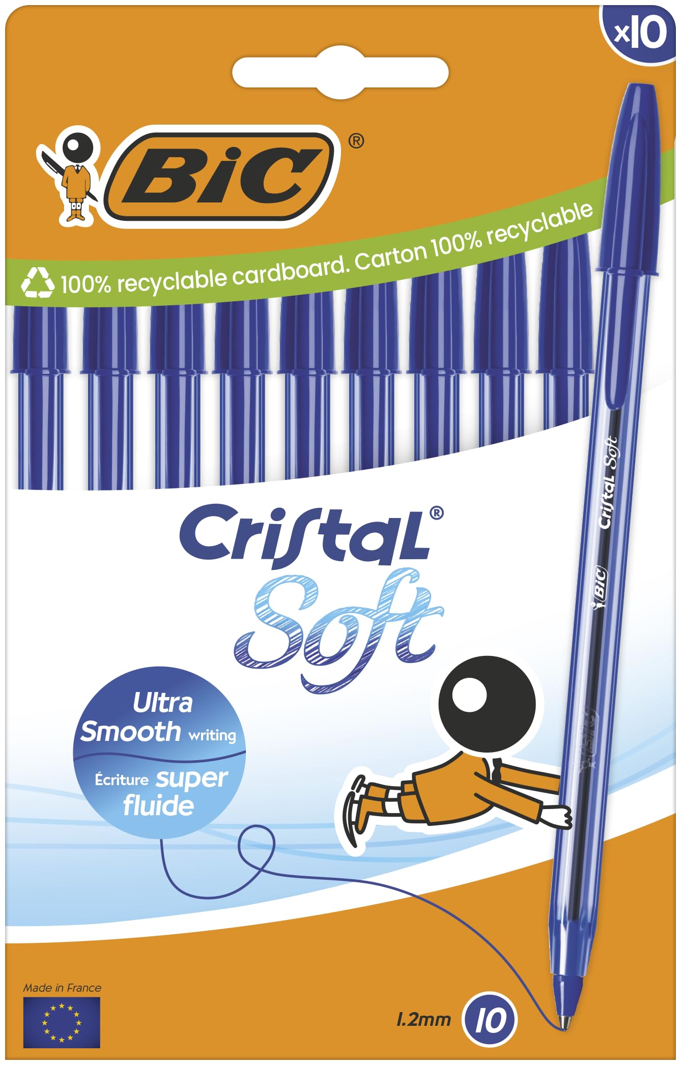 BIC Cristal Soft Bolígrafos Bolitas Punta Media (1,2 mm) con tinta Easy Glide - Azul, Caja de cartón de 10