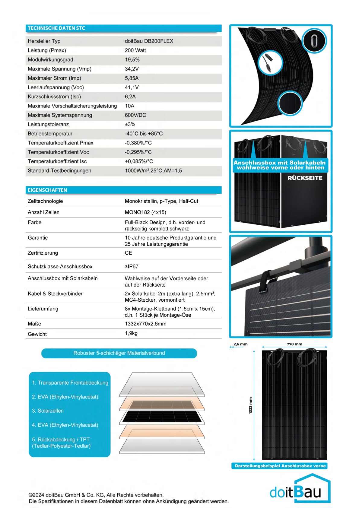 doitBau - Flexibles Solarpanel 200 Watt Full-Black mit Befestigung DB200FLEX I Anschlussbox vorne I Solarmodule für Balkonkraftwerk, Camping, Boot I Mit 19,5% Wirkungsgrad I Solarmodul begehbar