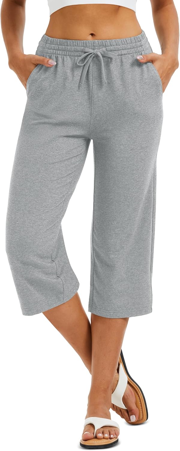 MAGCOMSEN Women's Cotton Capri Pants with 5 Pockets Yoga Wide Leg Capris Loose Casual Lounge Workout Capri Sweatpants