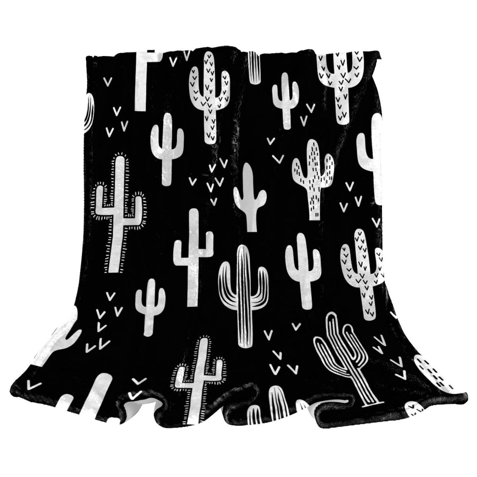 Couverture polaire cactus noir et blanc : plaid microfibre chaud pour vos soirées cinéma