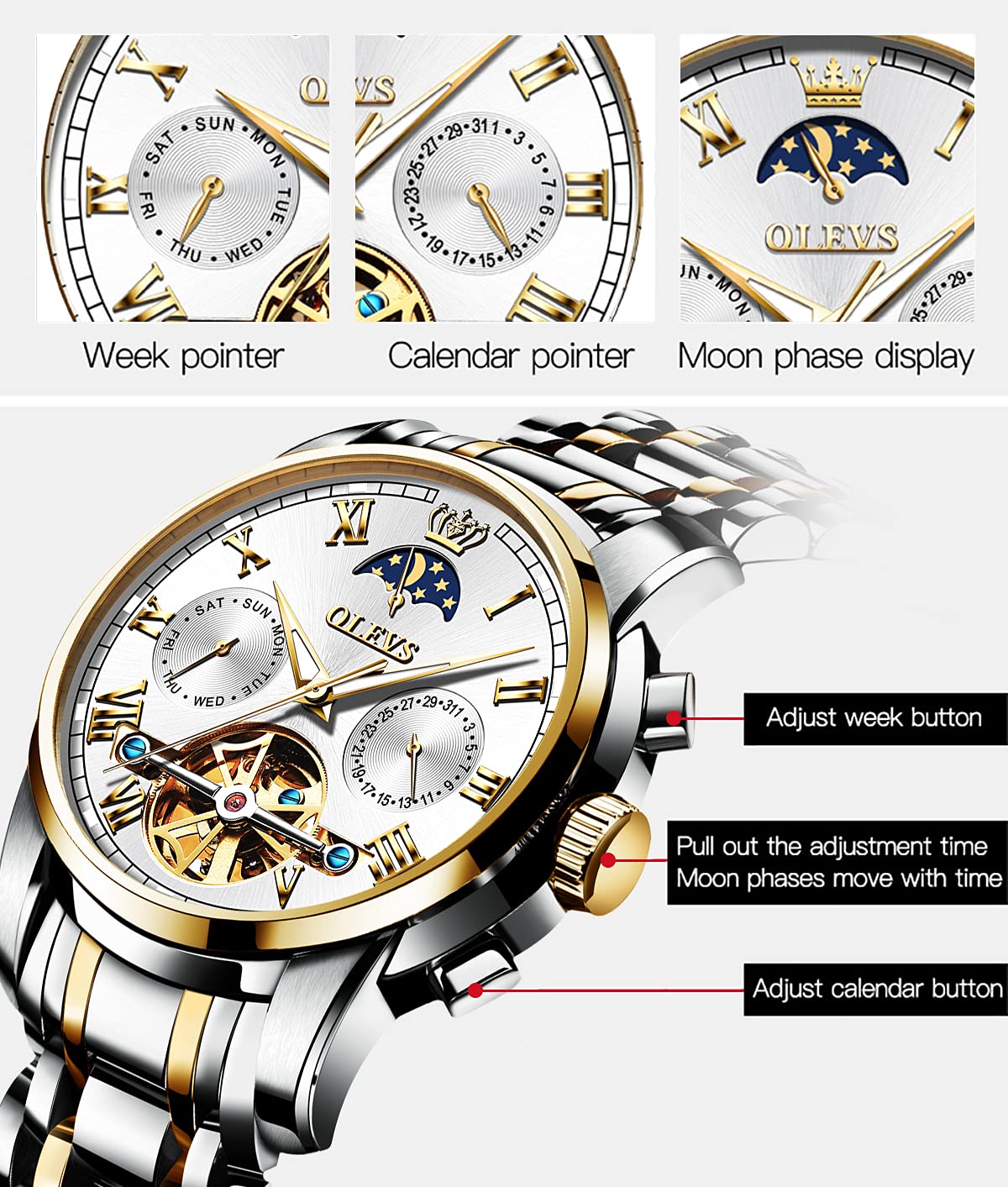 OLEVS Orologi automatici da uomo con scheletro meccanico di lusso in acciaio inox impermeabile luminoso orologio da polso Quadrante bianco e cinturino in argento dorato.