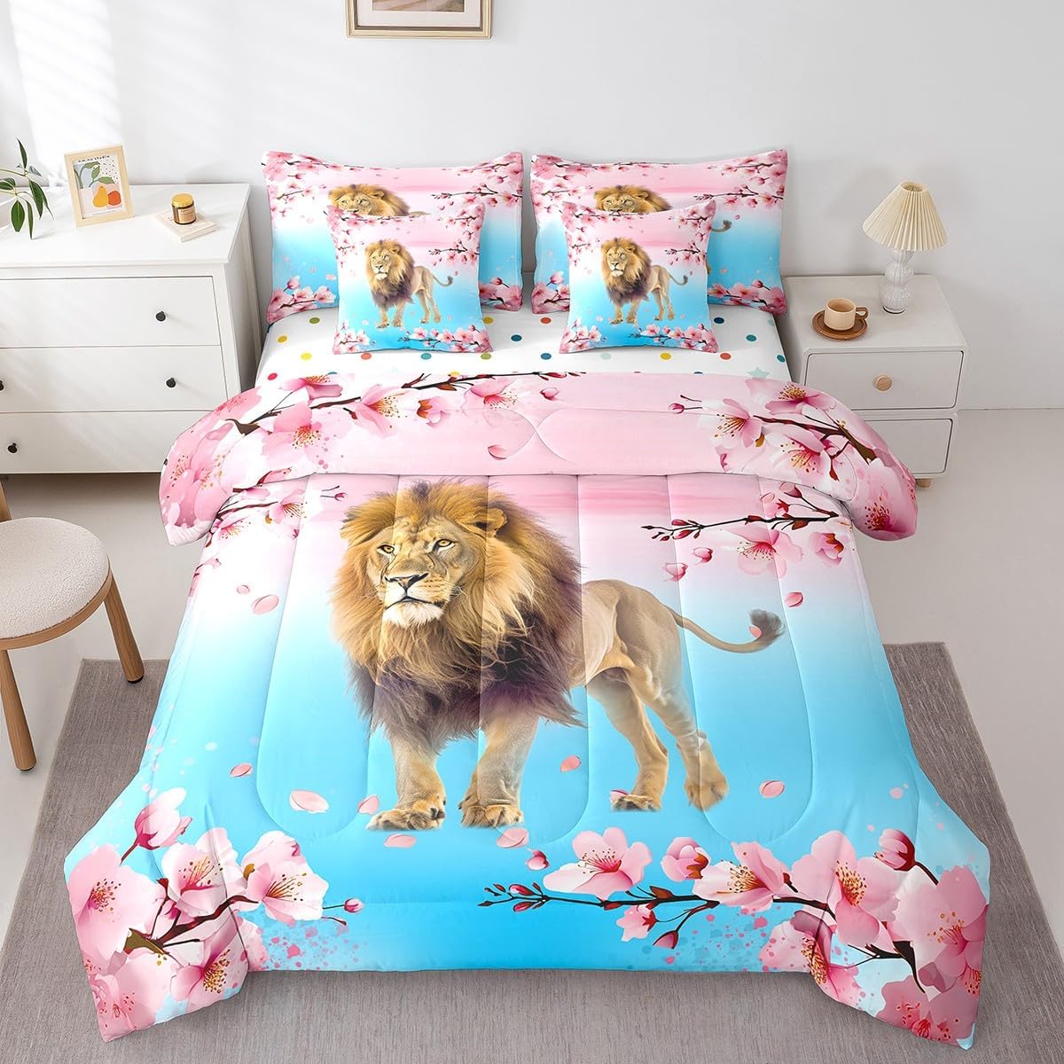 Erosebridal Lion Comforter Set 7 Piece Bed in a Bag Twin,African Safari Animals Bedding Sets Gradient Teal Pink Cherry Blossom Flowers Sheet Set with Comforter