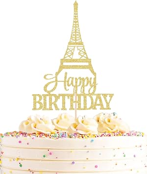 Eiffel Rower Birthday Cake Topper - Gold Glitter Eiffel Rower Theme Birthday Party Cake Decoration Supply - Boy or Girl Architecture Theme Party Cake Decor Photo Prop