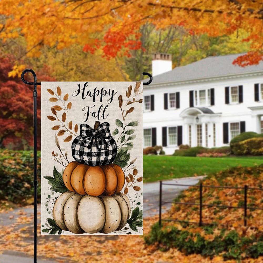Happy Fall Garden Flag Pumpkin Welcome Small Flags for Outside, 12x18 Inch Buffalo Plaid Double Sided Burlap Autumn Harvest Outdoor Yard Decoration - Image 2