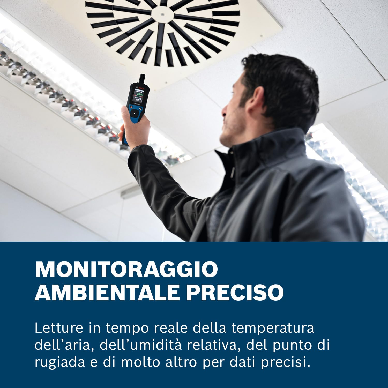 Bosch Professional Termoigrometro GDH 1-17 (letture in tempo reale, display LCD a colori ad alto contrasto, protezione IP65, carcassa in gomma, 2 batterie AA, custodia)